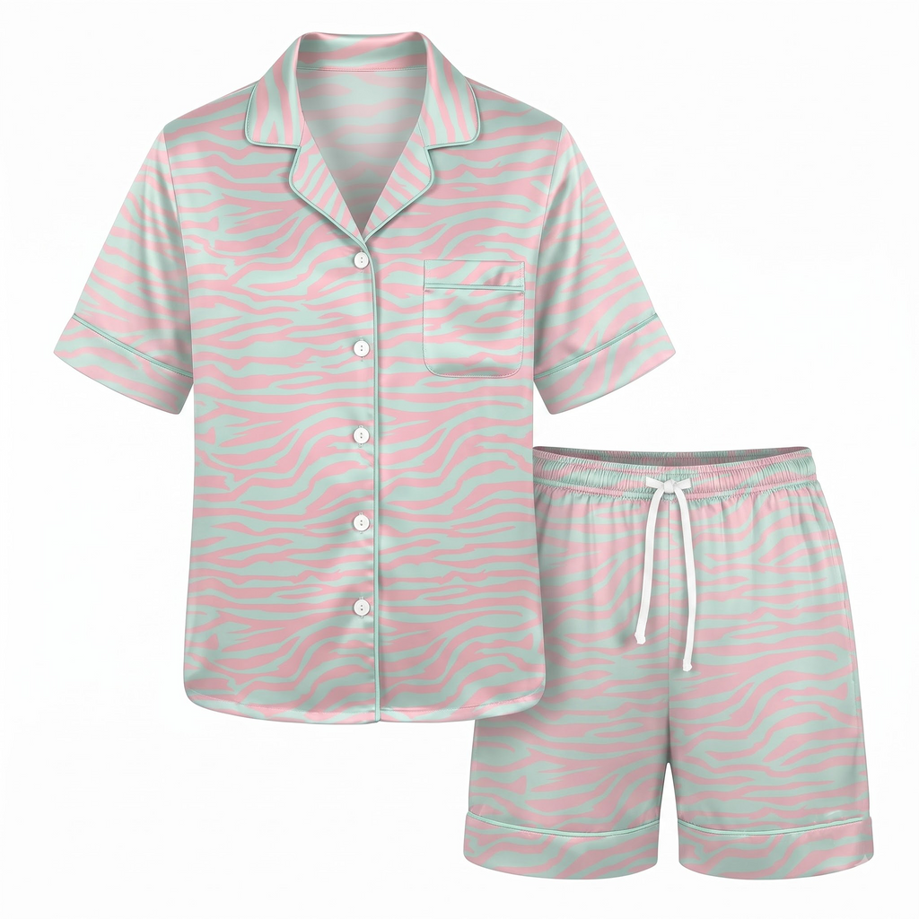 Pink Mint Zebra Satin Pajama Set, Pastel Zebra Stripe Silk Sleepwear, Cute Animal Print Lounge Set, Gift for Her Women