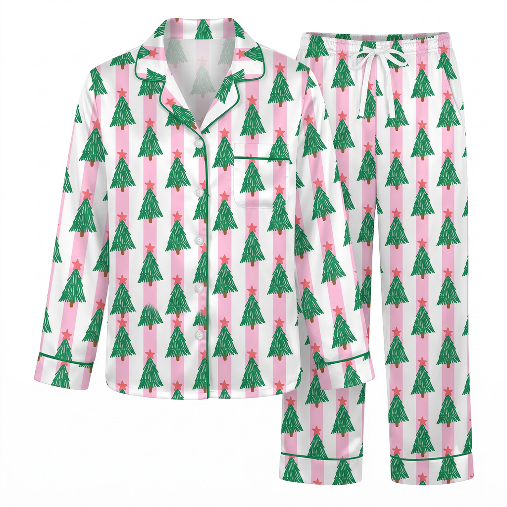Pink Christmas Tree Satin Pajama Set, Striped Xmas Tree Silk Sleepwear, Coquette Holiday Lounge Set, Xmas Gift for Her Women