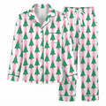 Pink Christmas Tree Satin Pajama Set, Striped Xmas Tree Silk Sleepwear, Coquette Holiday Lounge Set, Xmas Gift for Her Women