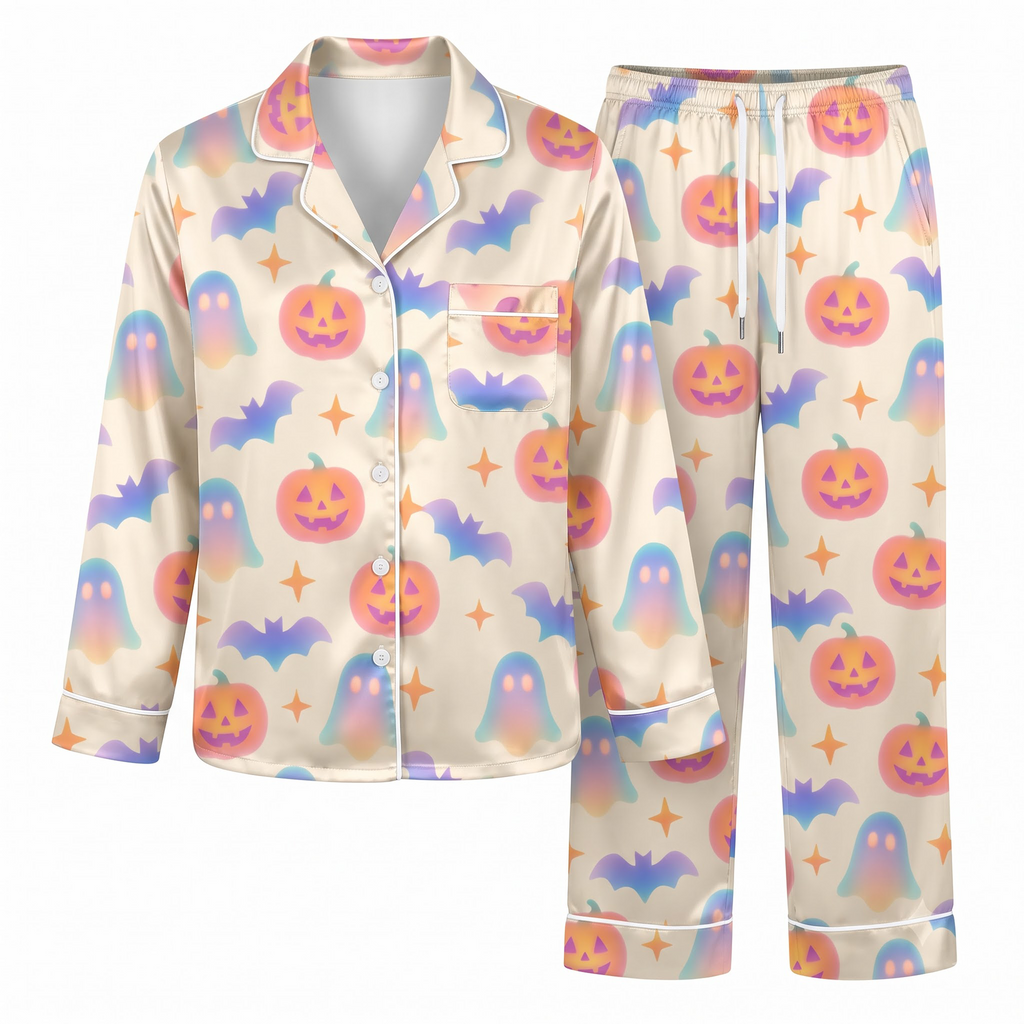 Pastel Halloween Pajama Set, Gradient Ghost Pumpkin Satin Lounge Set, Cute Spooky Sleepwear PJS, Halloween Gift for Her