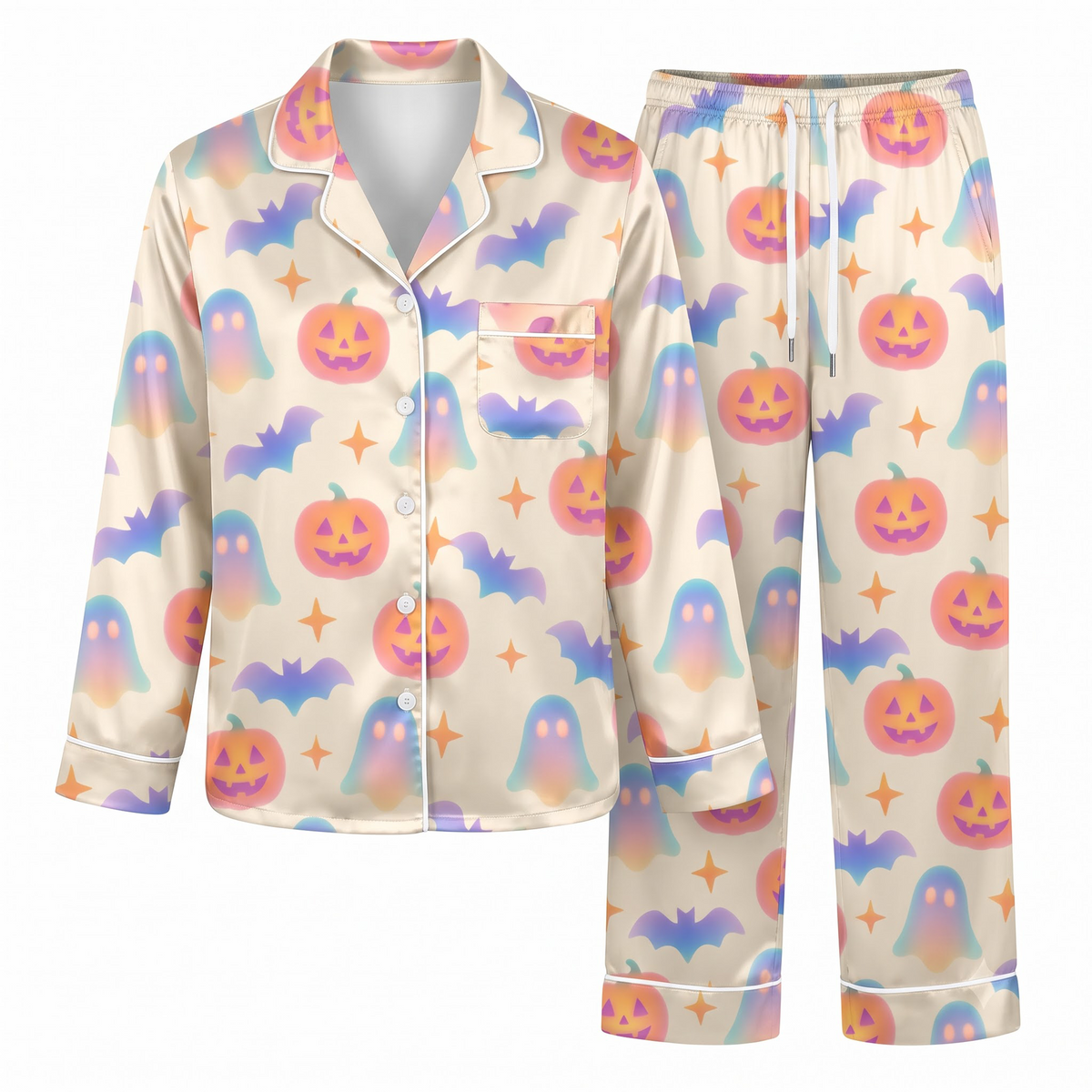 Pastel Halloween Pajama Set, Gradient Ghost Pumpkin Satin Lounge Set, Cute Spooky Sleepwear PJS, Halloween Gift for Her