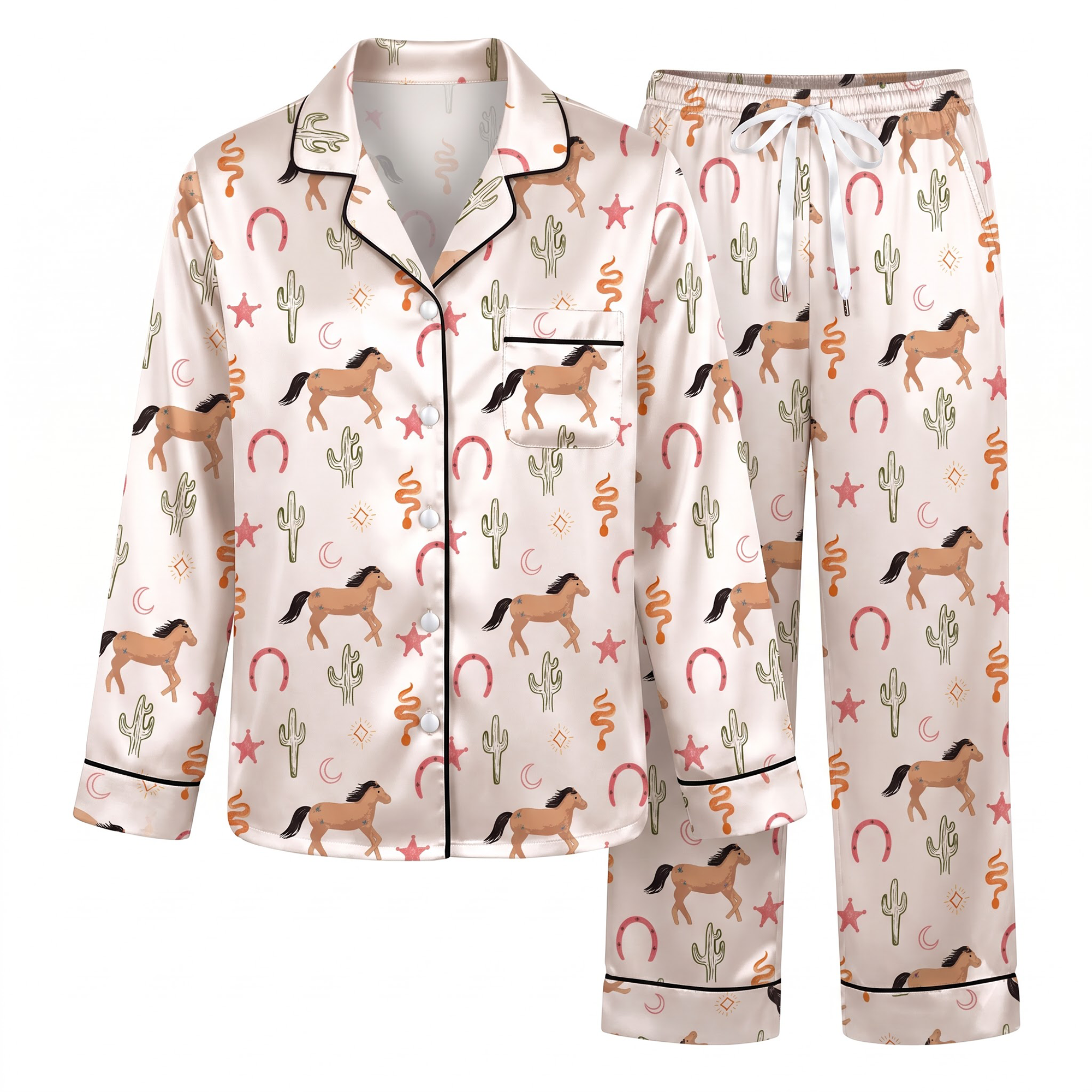 Western Horse Pajama Set, Desert Cactus Lounge Set, Light Pink Horse Sleepwear PJS, Gift for Horse Lovers Women