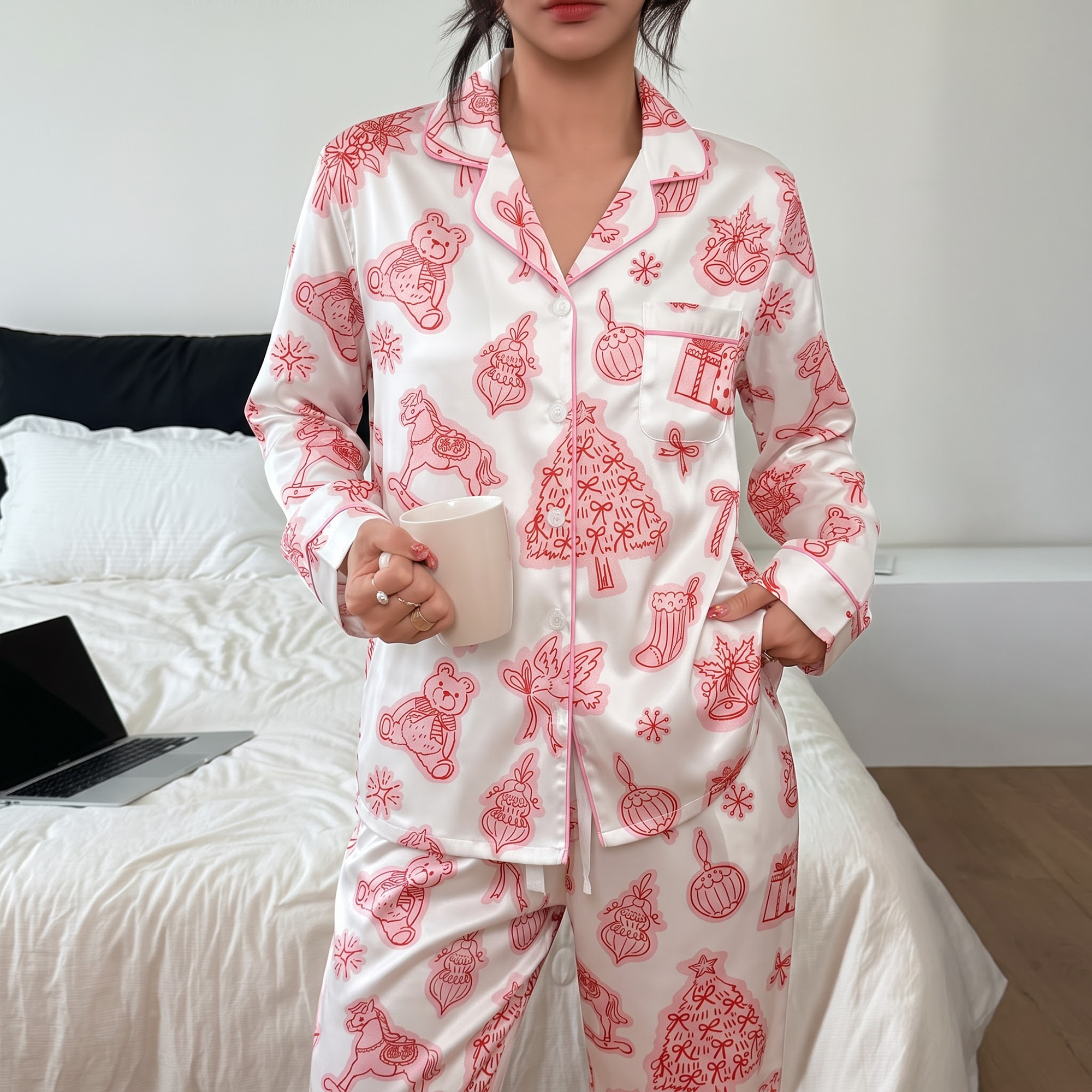 Pink Christmas Pajama Set, Vintage Holiday Satin Lounge Set, Coquette Xmas Sleepwear PJS, Christmas Gift for Her Women
