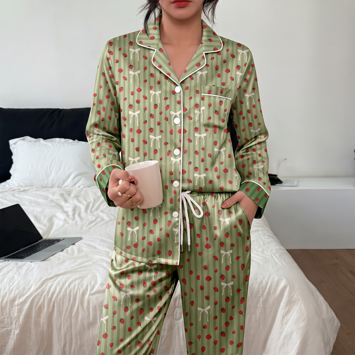 Strawberry Pajama Set, Green Striped Satin Coquette Lounge Set, Cute Bow Strawberry Sleepwear PJS, Birthday Gift for Her