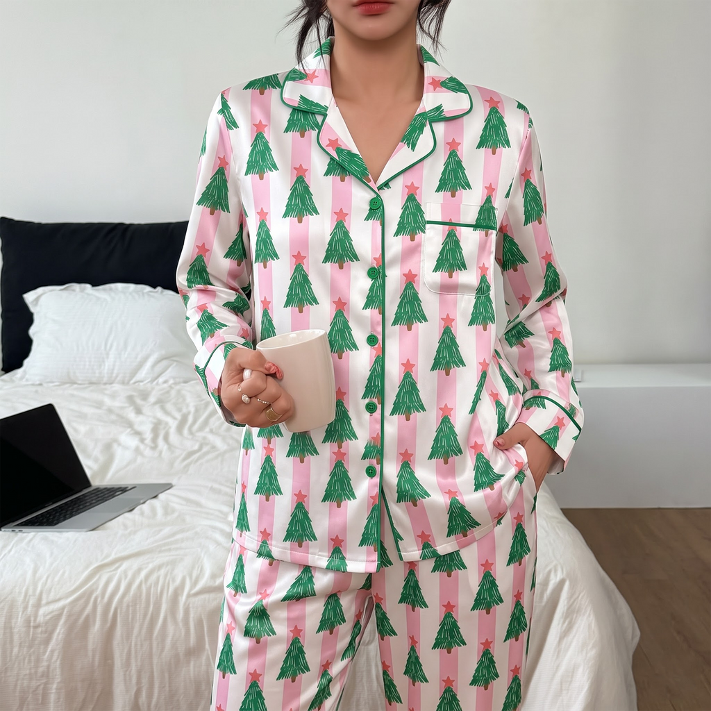 Pink Christmas Tree Satin Pajama Set, Striped Xmas Tree Silk Sleepwear, Coquette Holiday Lounge Set, Xmas Gift for Her Women