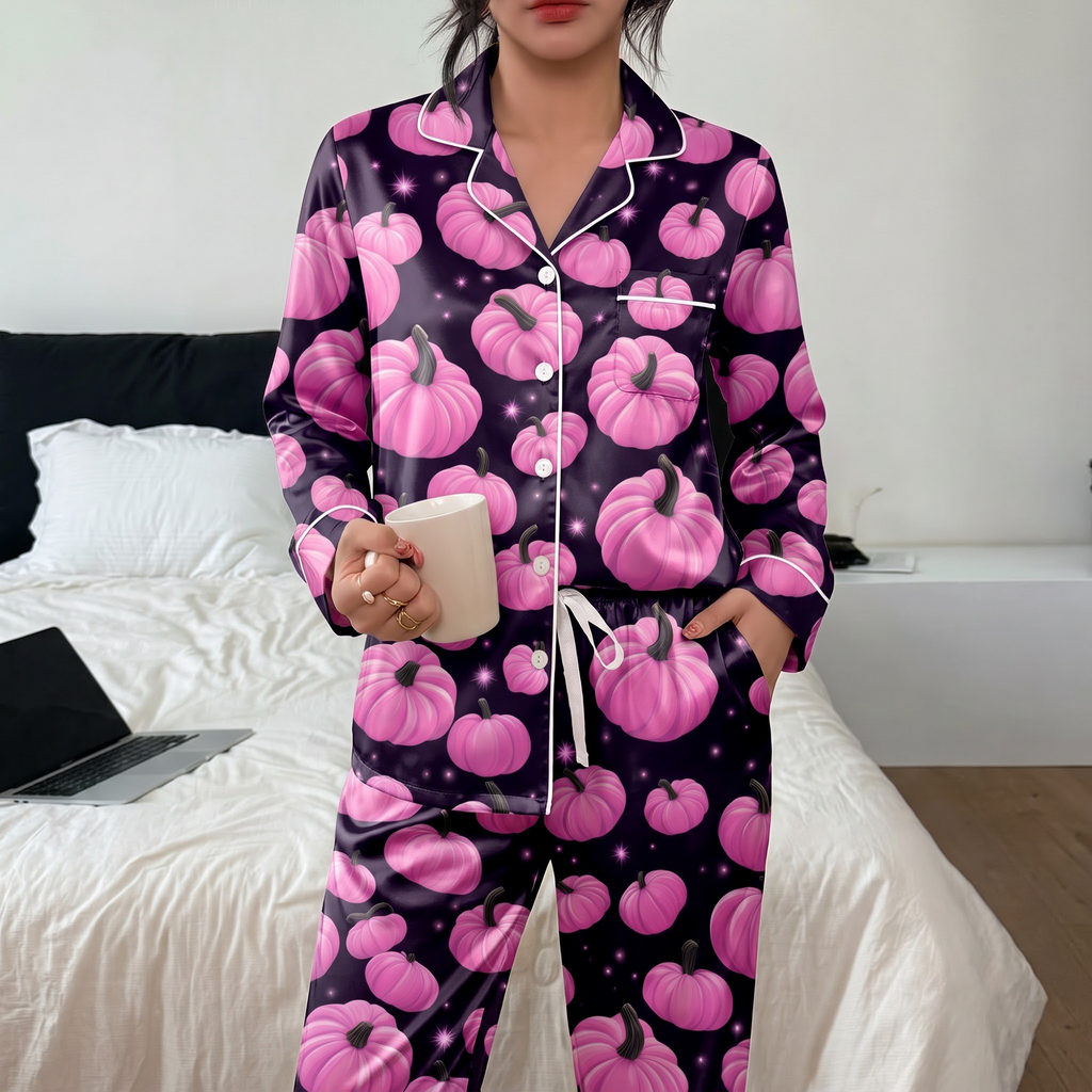 Pink Pumpkin Pajama Set, Dark Purple Satin Spooky Lounge Set, Cute Pink Halloween Sleepwear PJS, Halloween Gift for Her