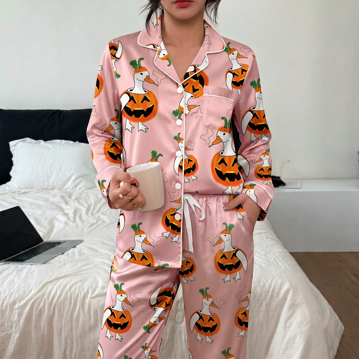 Pink Pumpkin Goose Pajama Set, Funny Smoking Duck Satin Lounge Set, Cute Halloween Sleepwear PJS, Halloween Gift for Her