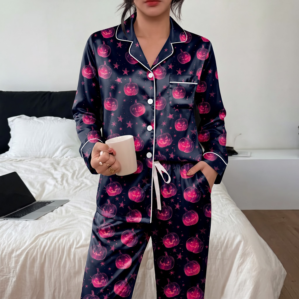 Spooky Starry Pumpkin Pajama Set, Black Satin Pink Pumpkin PJS, Dark Pastel Goth Sleepwear, Birthday Gift for Girlfriend