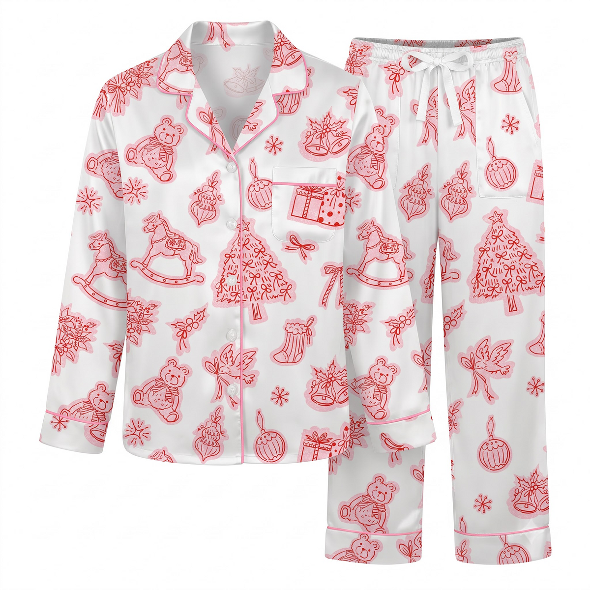 Pink Christmas Pajama Set, Vintage Holiday Satin Lounge Set, Coquette Xmas Sleepwear PJS, Christmas Gift for Her Women