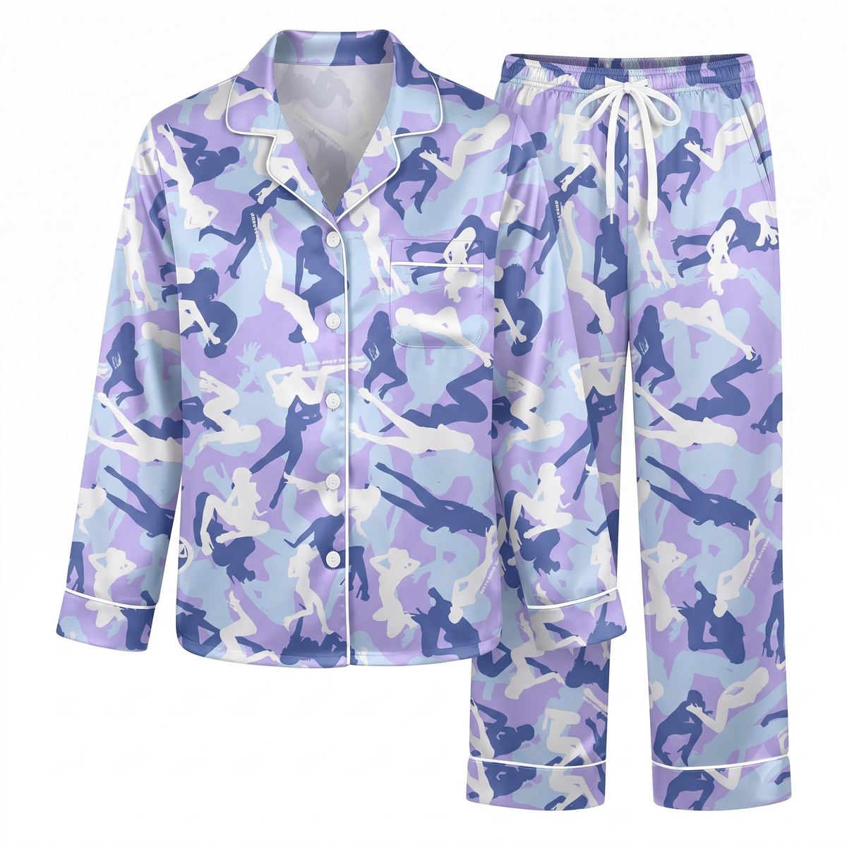 Cute Purple Camo Silk Satin Pajama Set, Pin Up Girl Pattern Lounge Set, Y2K Aesthetic Sleepwear, Gift for Friends Sister