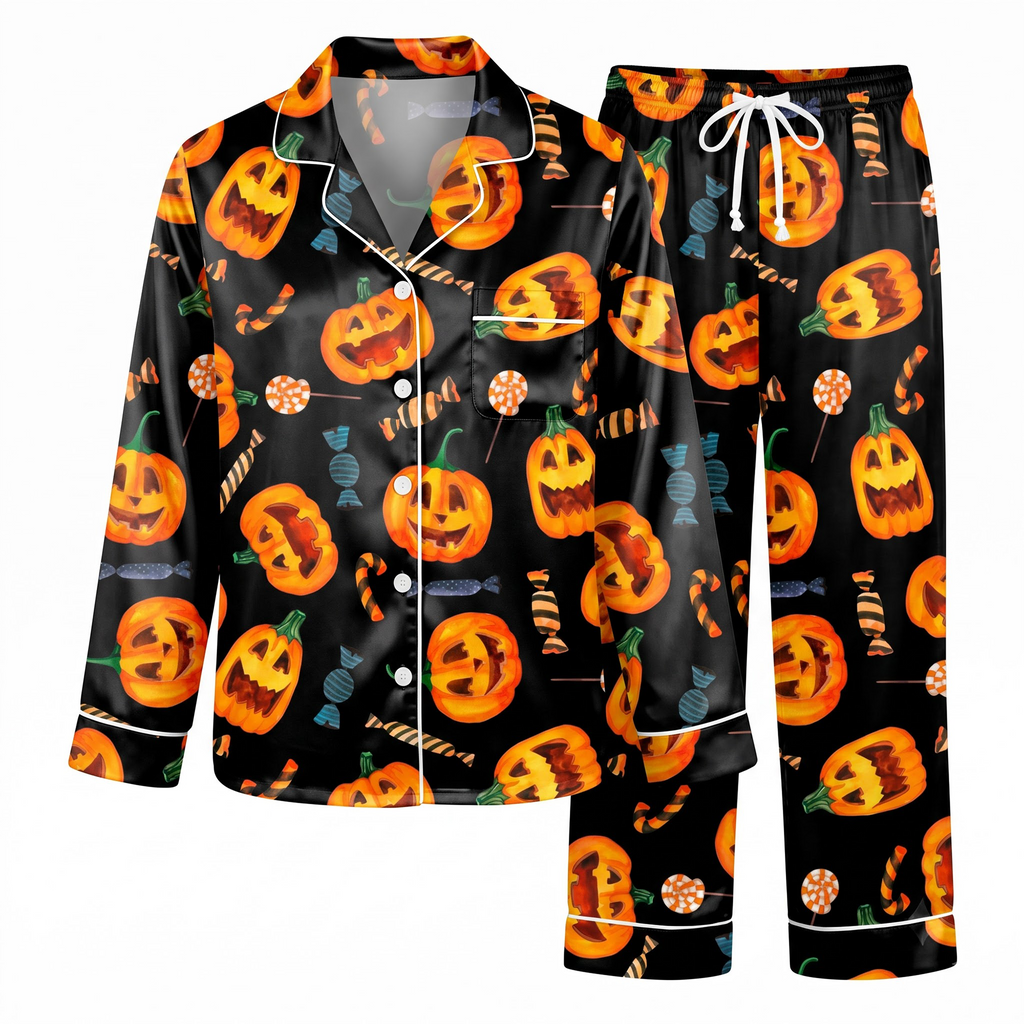 Pumpkin Candy Satin Pajama Set, Black Halloween Pajamas, Jack O Lantern PJs, Spooky Candy Sleepwear, Halloween Gift for Her