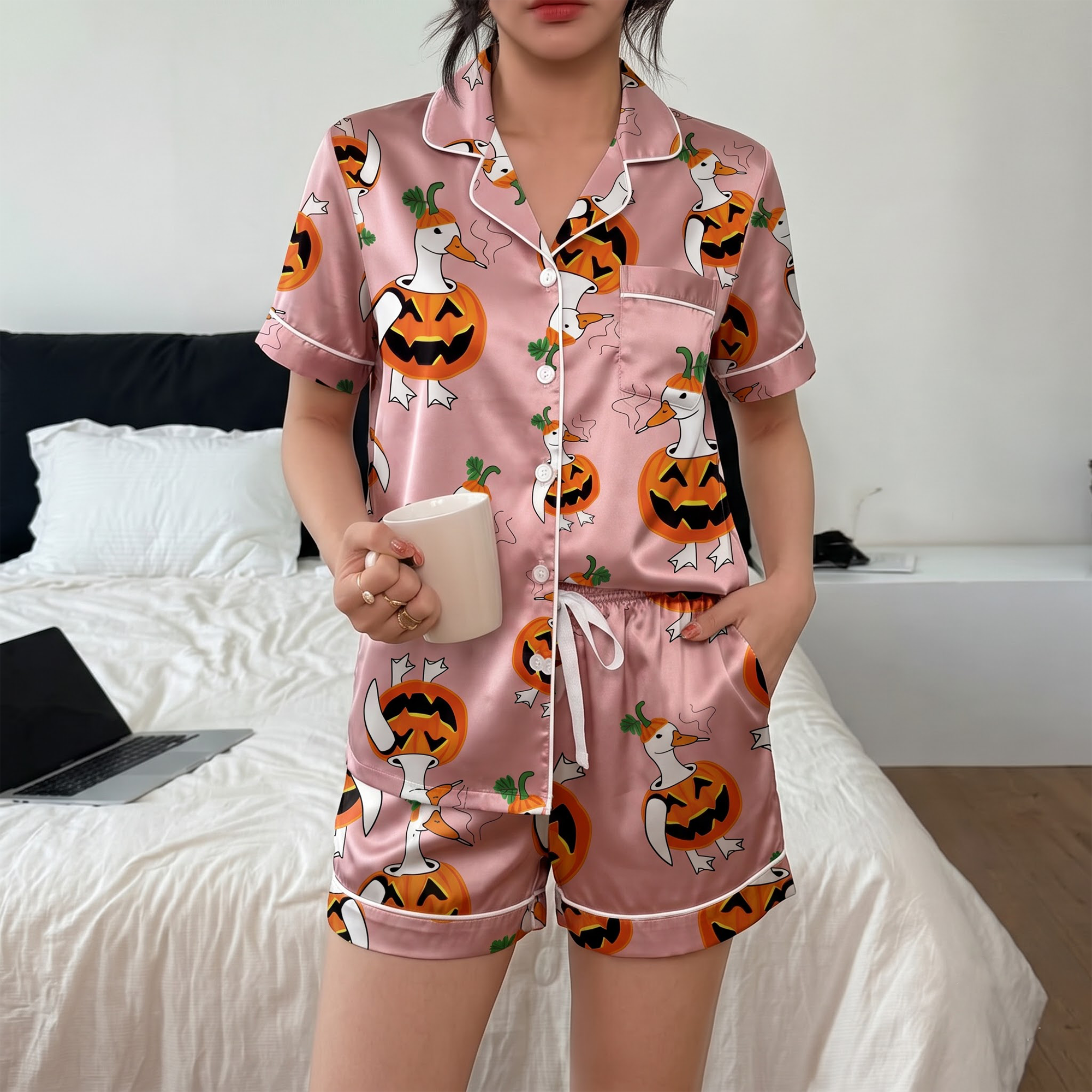 Pink Pumpkin Goose Pajama Set, Funny Smoking Duck Satin Lounge Set, Cute Halloween Sleepwear PJS, Halloween Gift for Her