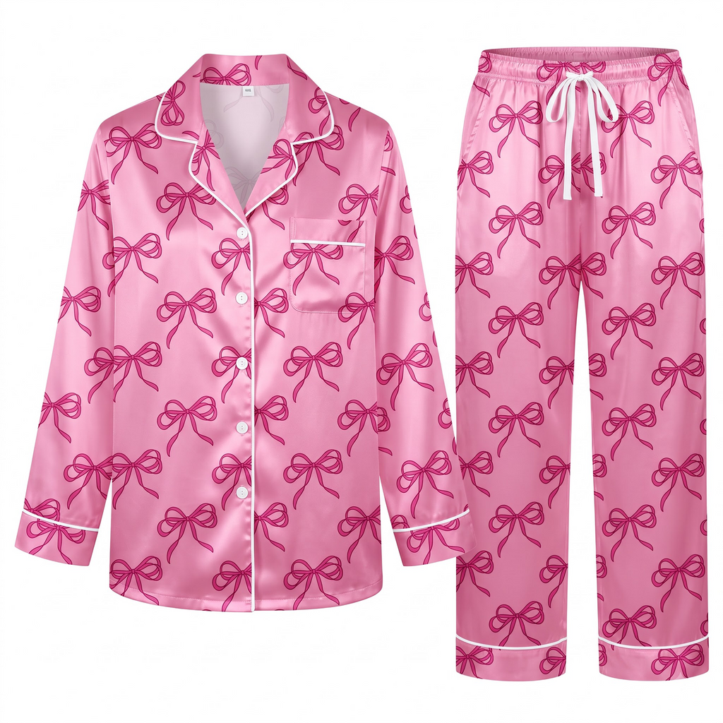 Pink Bow Pajama Set, Coquette Satin Ribbon Lounge Set, Pink Bow Sleepwear PJS, Birthday Gift for Her Women