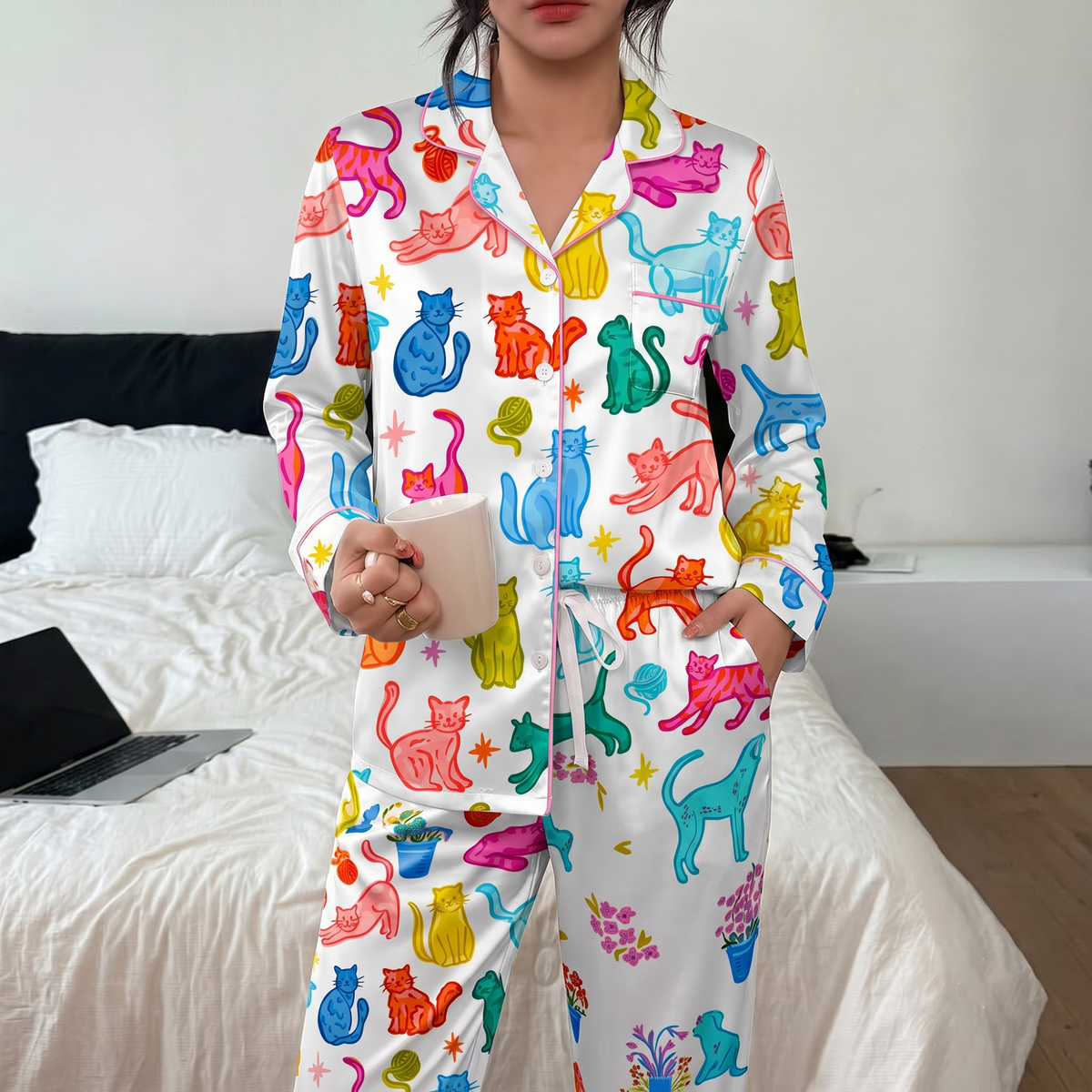 Cute Colorful Cat Pajama Set, White Satin Kitty PJS, Vibrant Cat Lover Sleepwear, Birthday Gift for Friends Sister