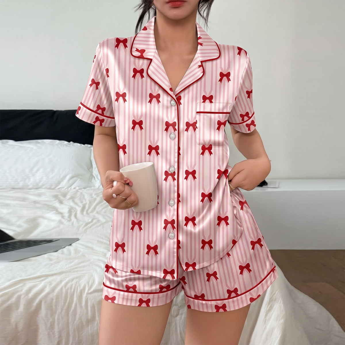 Red Bow Satin Pajama Set, Pink Striped Ribbon Silk Sleepwear, Coquette Bow Lounge Set, Romantic Gift for Her Women