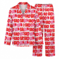 Pink Ho Ho Ho Satin Pajama Set, Red Christmas Silk Sleepwear, Holiday Typography Button Down Pjs, Christmas Gift for Her