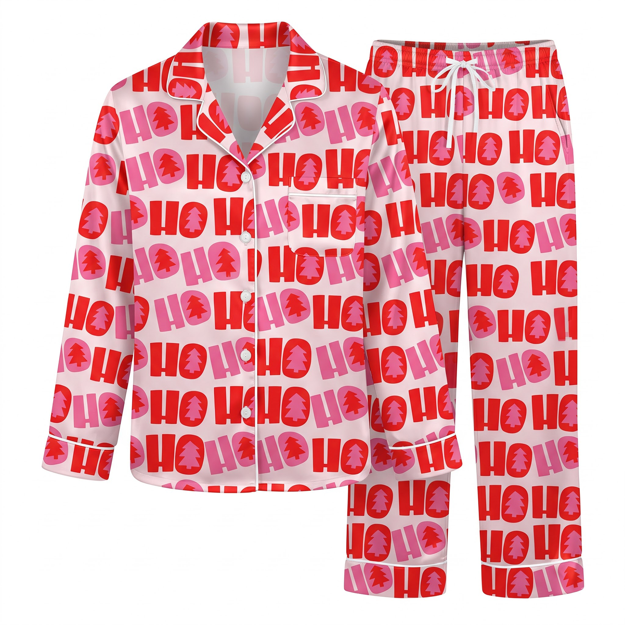 Pink Ho Ho Ho Satin Pajama Set, Red Christmas Silk Sleepwear, Holiday Typography Button Down Pjs, Christmas Gift for Her