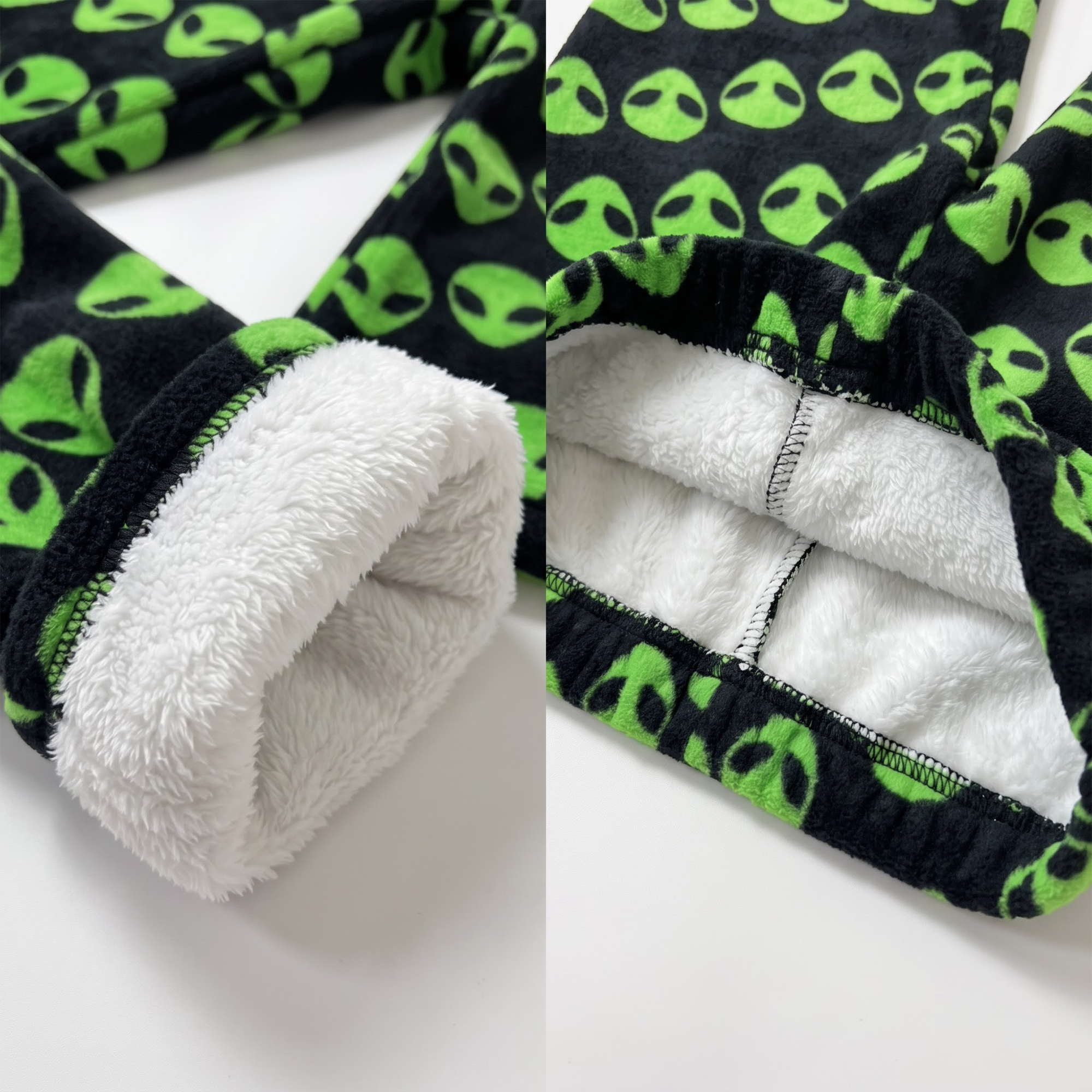 Green Alien Flannel Pajama Pants, Black Neon Alien Lounge Pants, Soft Cotton Sleep Pants, Y2K Birthday Gift for Bestie