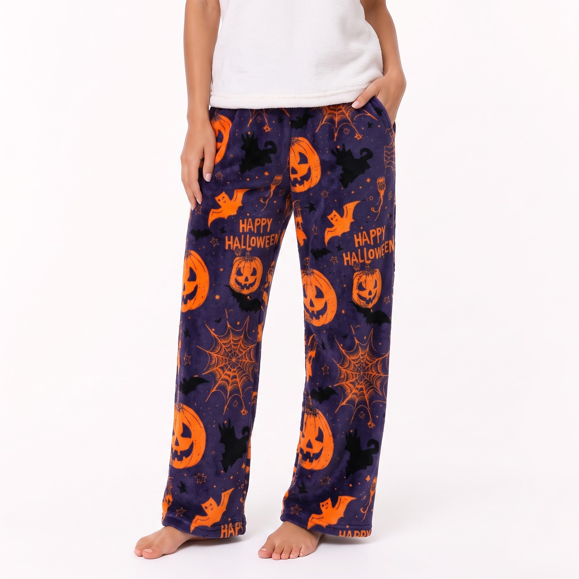 Happy Halloween Fuzzy Pajama Pants, Orange Pumpkin Purple Fleece Sleepwear Bottoms, Soft Plush Warm Winter Lounge Pants, Spooky Gift