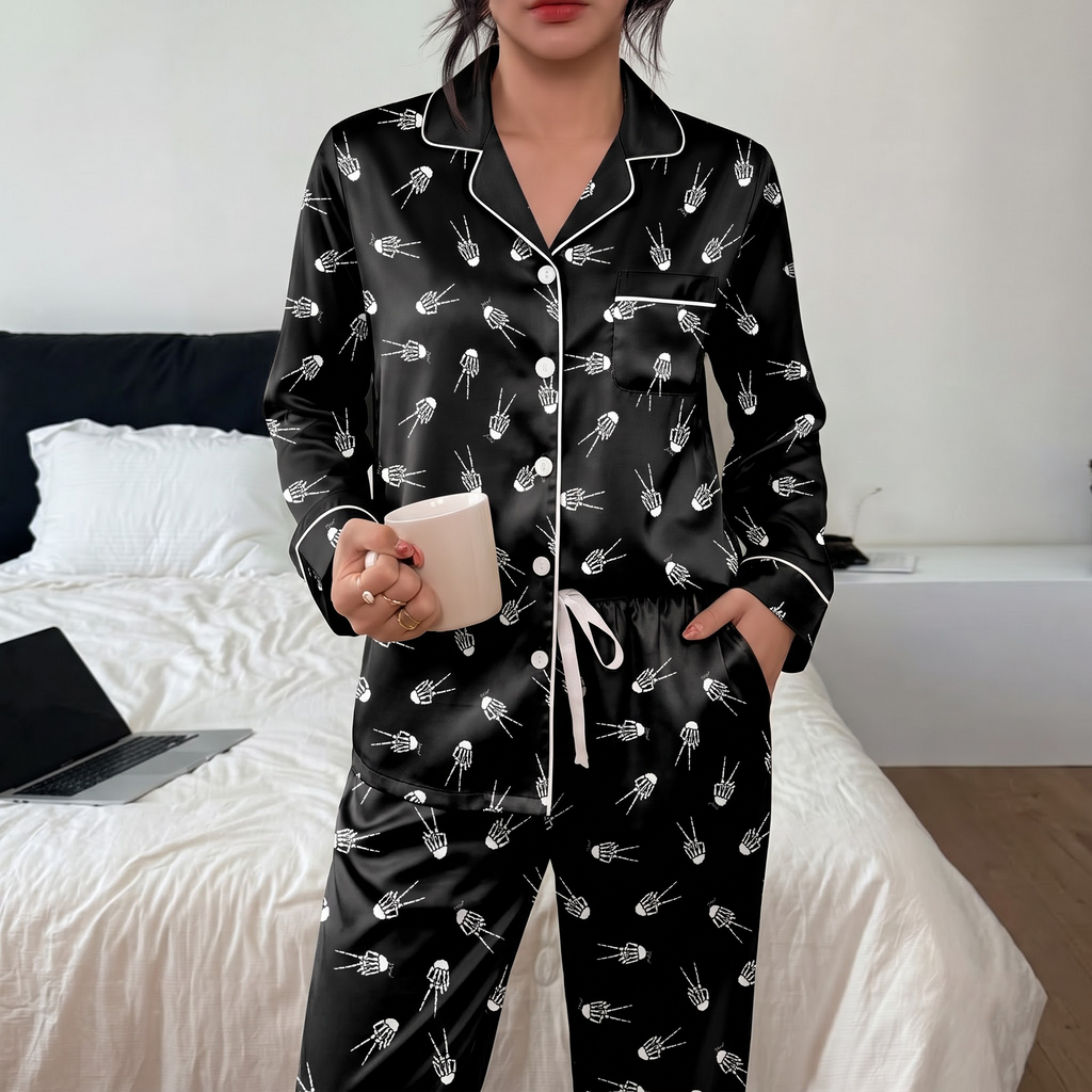 Skeleton Hand Pajama Set, Black Satin Peace Sign Silk PJs, Gothic Spooky Halloween Sleepwear, Gift for Her Wife Girlfriend