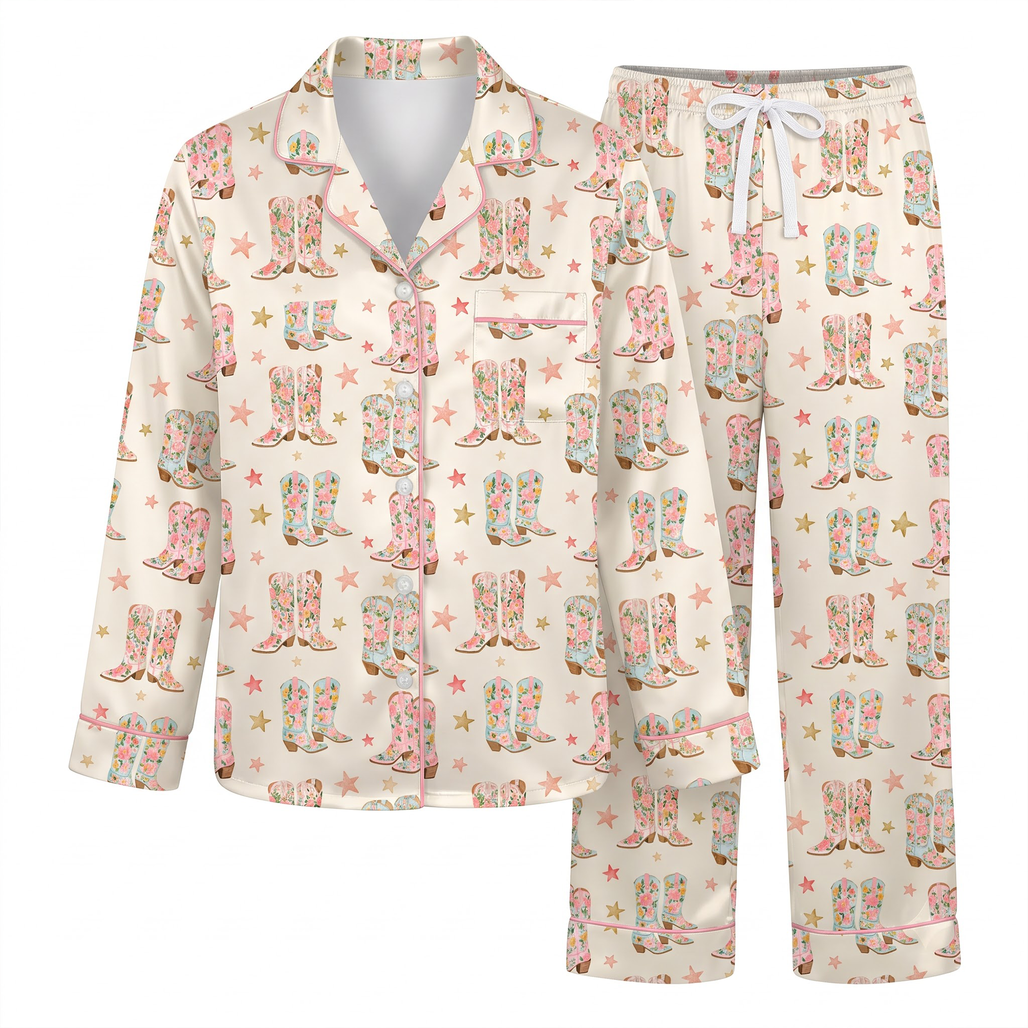 Floral Cowboy Boots Pajama Set, Vintage Western Satin Lounge Set, Country Girl Sleepwear PJS, Bachelorette Gift for Her