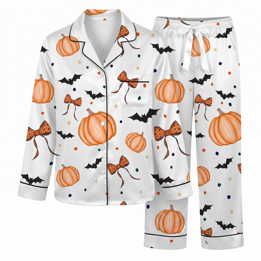 Halloween Pumpkin Bat Satin Pajama Set, Cute Pumpkin Bow Pajamas, Spooky Halloween PJs, White Orange Fall Sleepwear, Halloween Gift