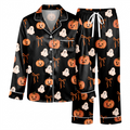Ghost Pumpkin Satin Pajama Set, Black Halloween Pajamas, Cute Spooky Ghost PJs, Coquette Bow Pumpkin Sleepwear, Halloween Gift