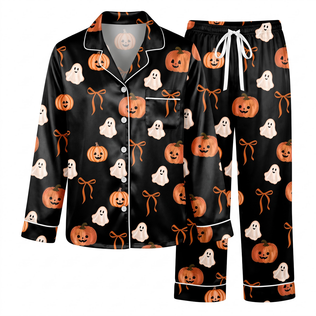 Ghost Pumpkin Satin Pajama Set, Black Halloween Pajamas, Cute Spooky Ghost PJs, Coquette Bow Pumpkin Sleepwear, Halloween Gift