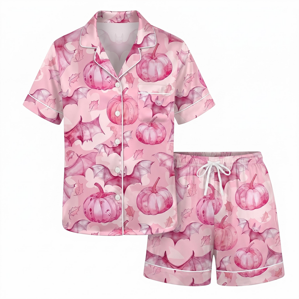Pink Pumpkin Satin Pajama Set, Coquette Fall Silk Sleepwear, Watercolor Bow Gingham Lounge Set, Thanksgiving Gift for Her