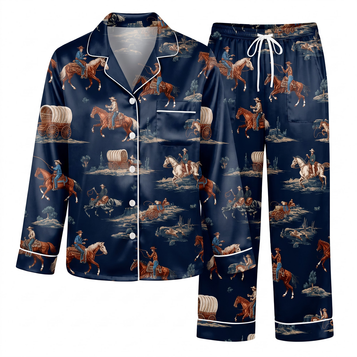 Vintage Cowboy Pajama Set, Navy Blue Western Toile Lounge Set, Horse Riding Sleepwear PJS, Country Gift for Her Women
