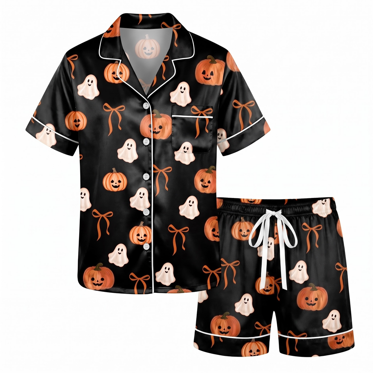 Ghost Pumpkin Satin Pajama Set, Black Halloween Pajamas, Cute Spooky Ghost PJs, Coquette Bow Pumpkin Sleepwear, Halloween Gift