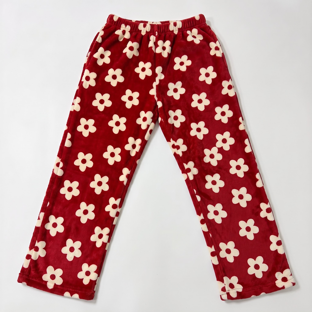 Multi Color Fuzzy Flower Pajama Pants, Cute Floral Fleece Sleepwear Bottoms, Plush Warm Winter Lounge Pants, Cozy Gift for Her