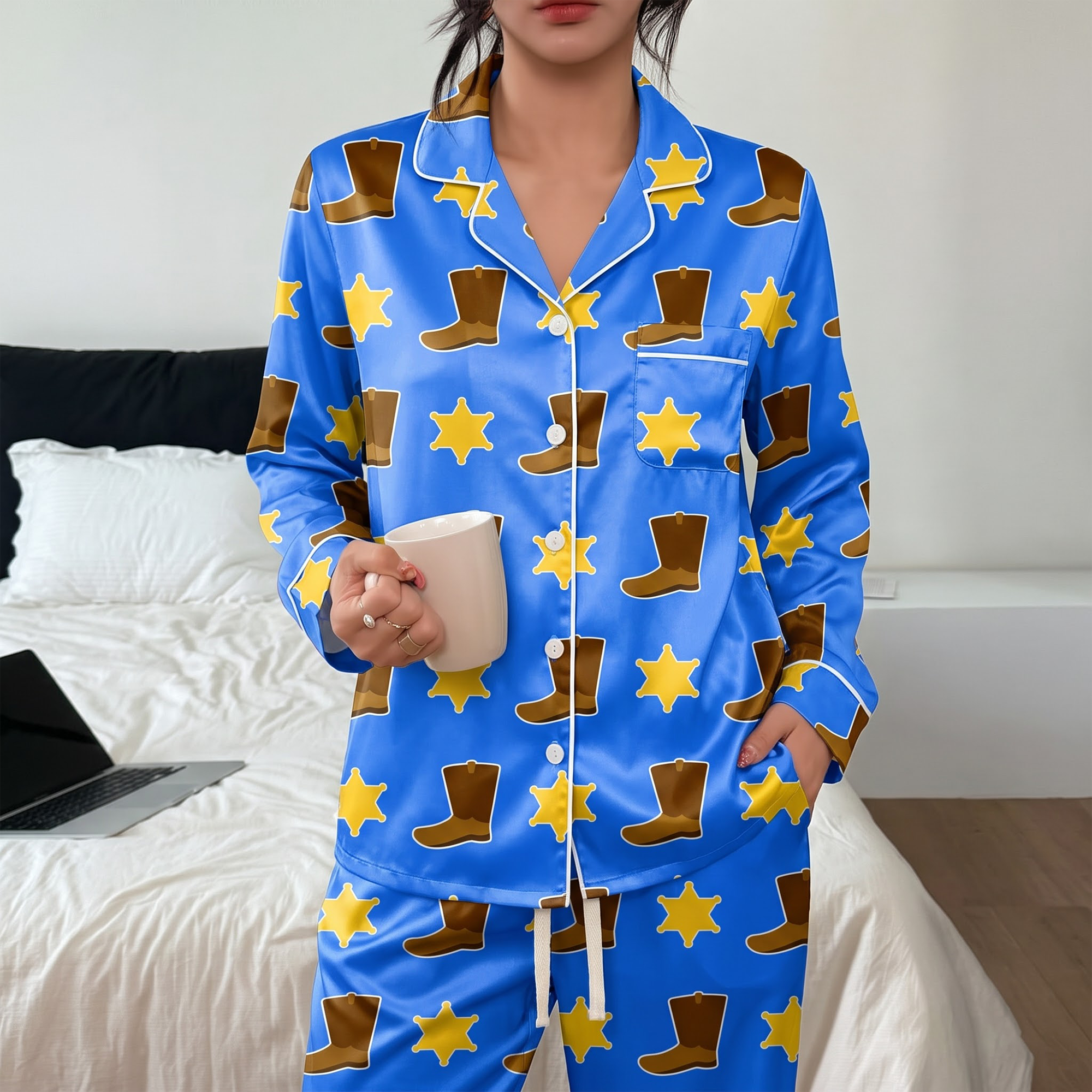 Cowboy Boots Pajama Set, Western Lounge Set, Blue Sheriff Star Pajamas, Country Music Gift for Her Women