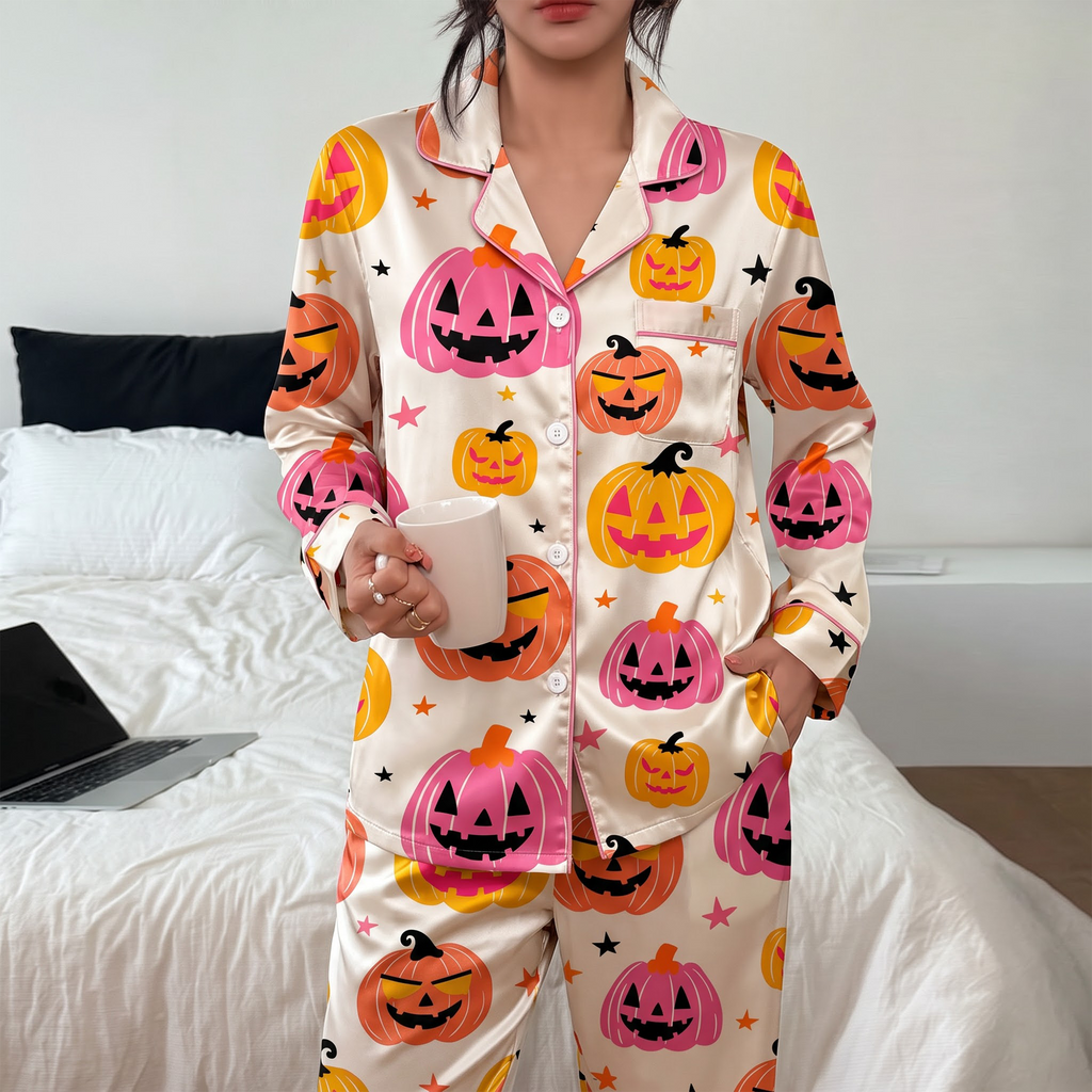 Pink Halloween Pumpkin Pajama Set, Orange Jack O Lantern PJS, Cute Spooky Lounge Set, Halloween Gift for Her Women