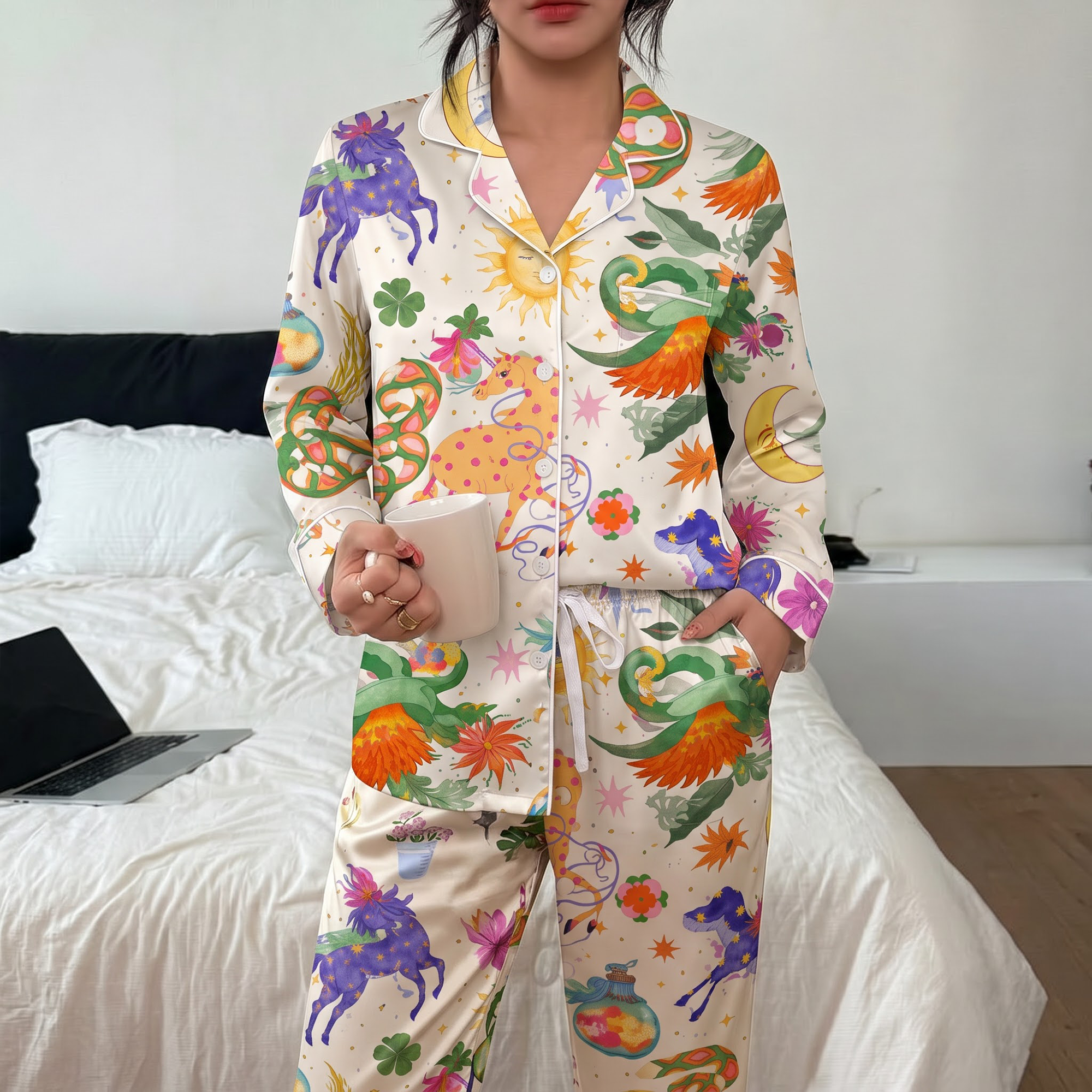 Celestial Unicorn Pajama Set, Whimsical Dragon Satin Lounge Set, Psychedelic Sleepwear PJS, Birthday Gift for Her Women