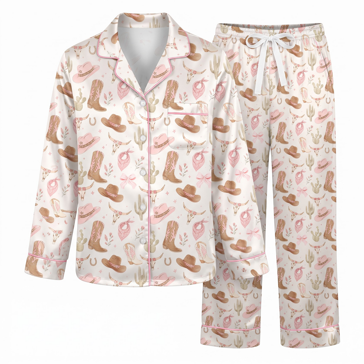 Pink Cowgirl Pajama Set, Western Boots Satin Lounge Set, Country Girl Sleepwear PJS, Bachelorette Gift for Her Women