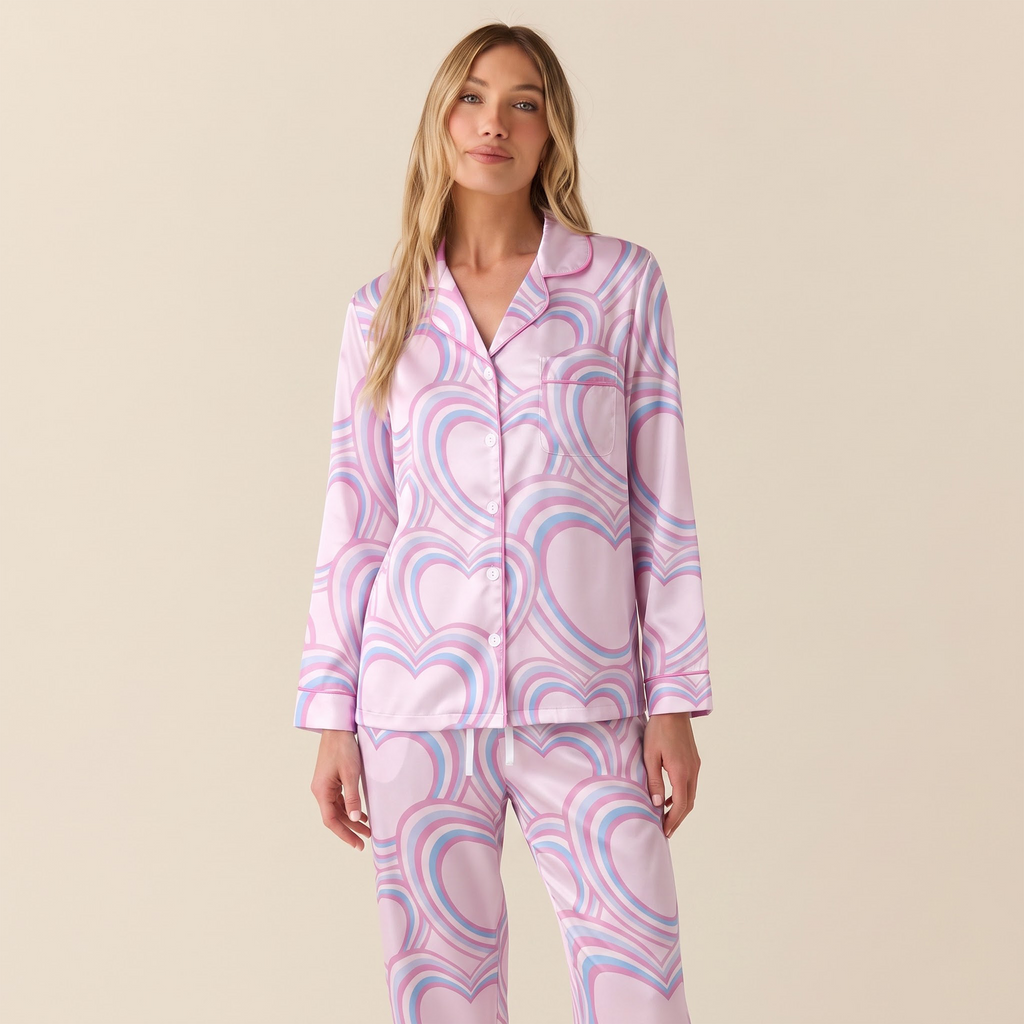Retro Heart Pajama Set, Pastel Pink Blue Satin Lounge Set, Y2K Groovy Sleepwear PJS, Valentine Gift for Her Women