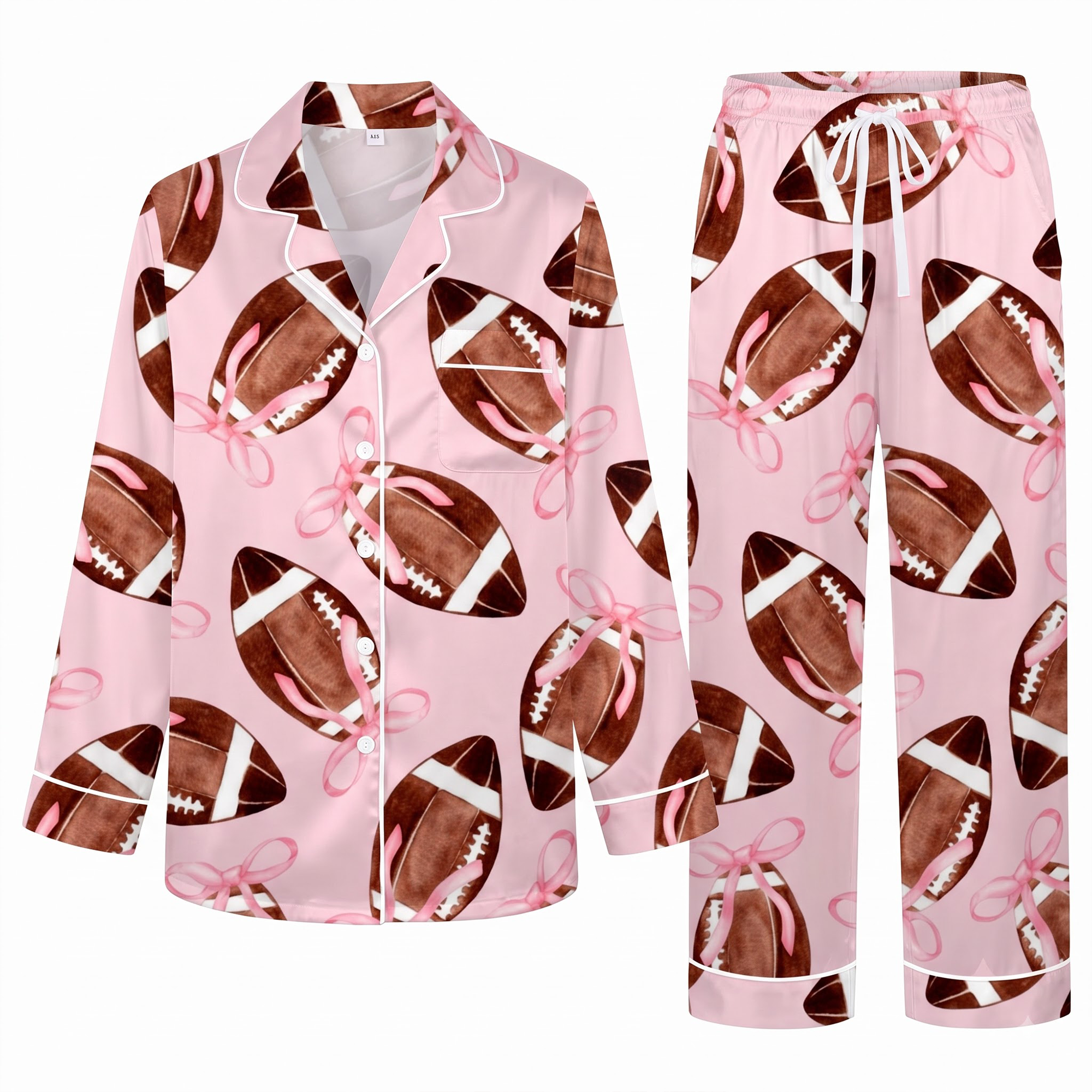Pink Football Pajama Set, Coquette Bow Football Satin Lounge Set, Game Day Sleepwear PJS, Gift for Her Women