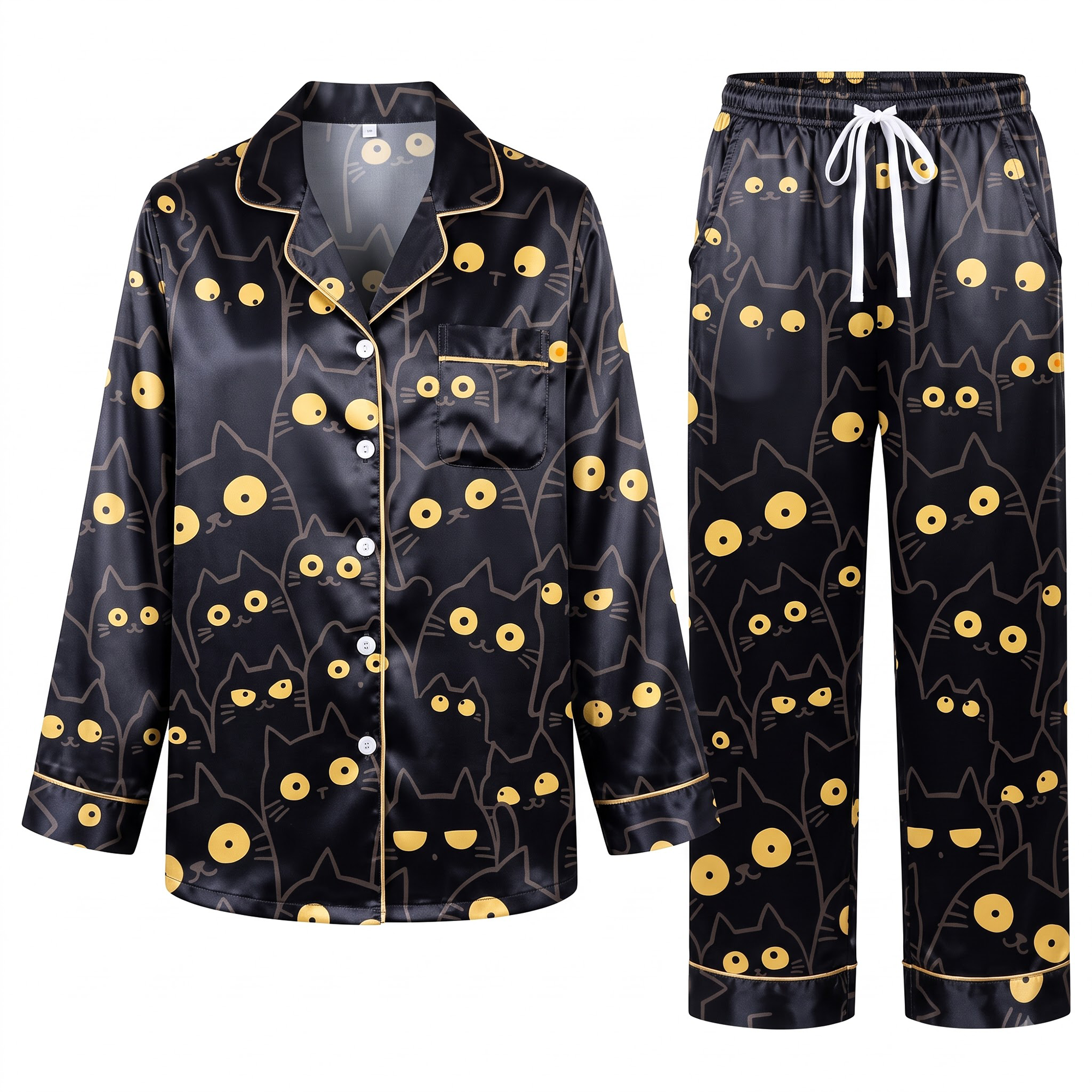 Black Cat Pajama Set, Black Satin Funny Cat Eyes Lounge Set, Cute Cat Mom Sleepwear PJS, Gift for Her Women