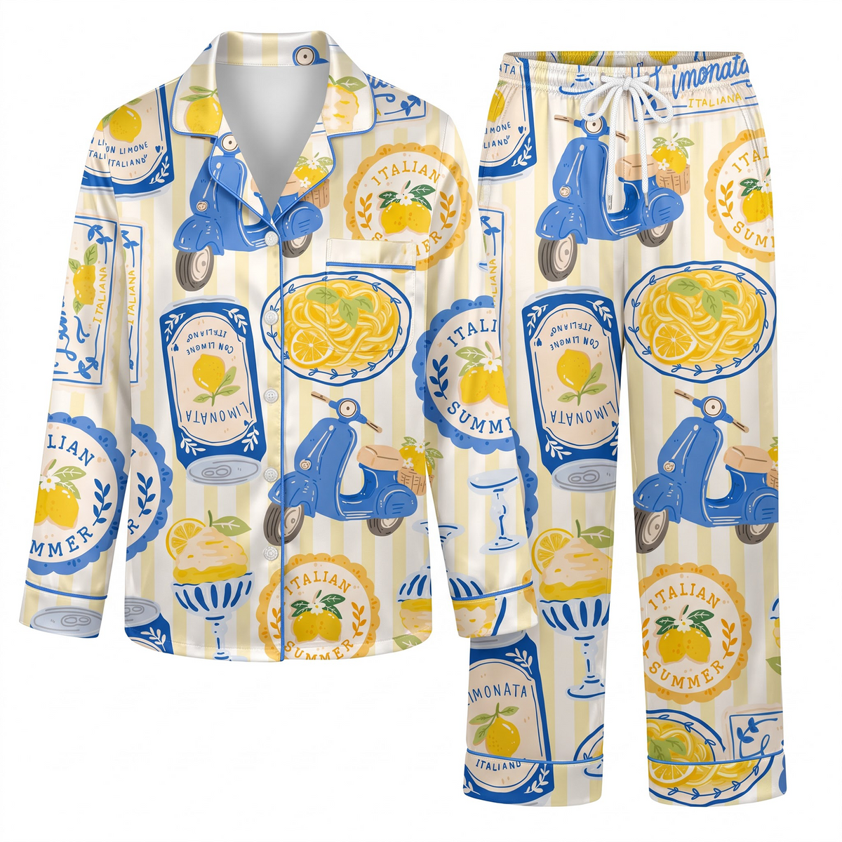 Italian Summer Pajama Set, Amalfi Coast Lemon Vespa Lounge Set, Limonata Sleepwear PJS, Travel Gift for Her Women