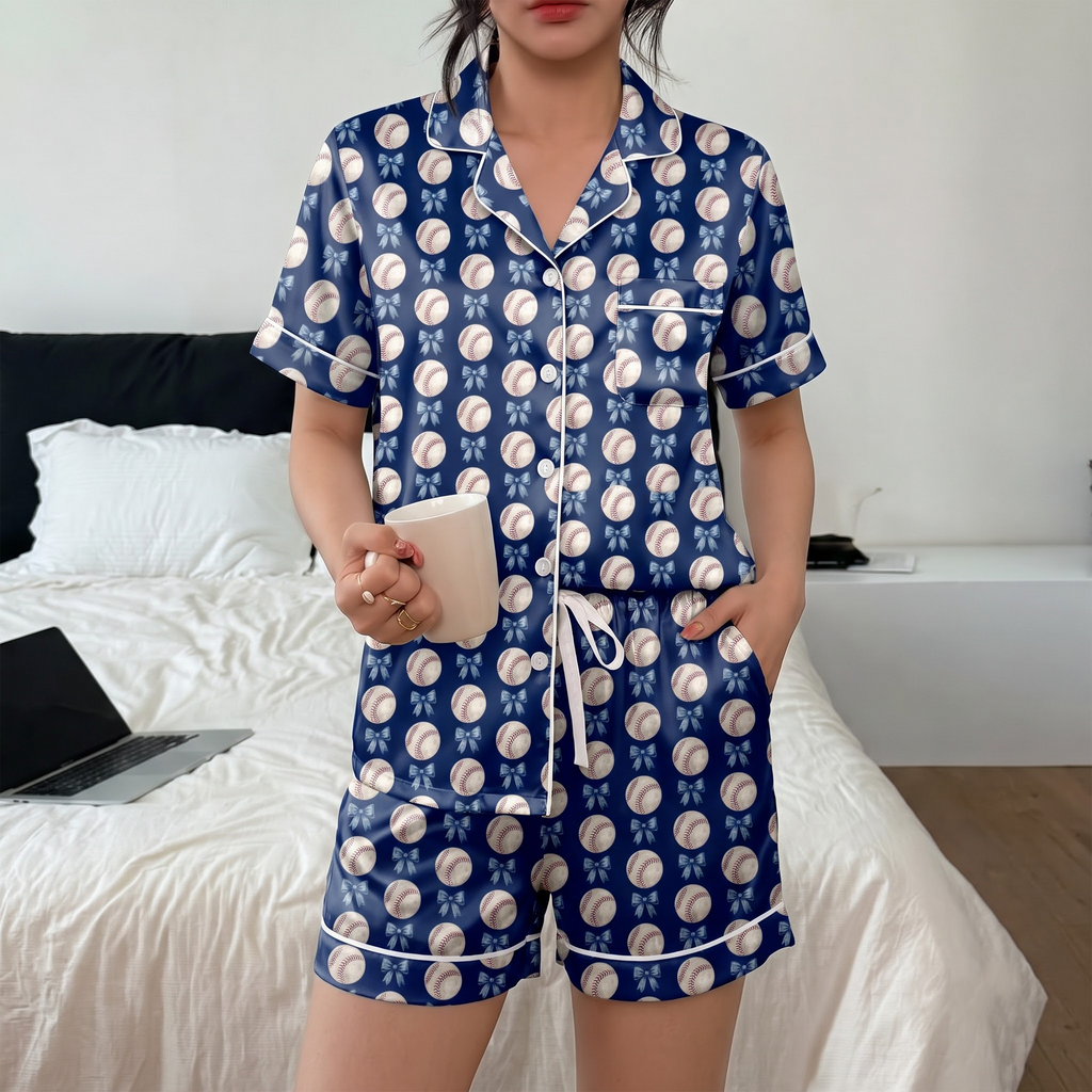 Baseball Pajama Set, Coquette Blue Bow Satin Lounge Set, Baseball Mom Sleepwear PJS, Game Day Gift for Her Women