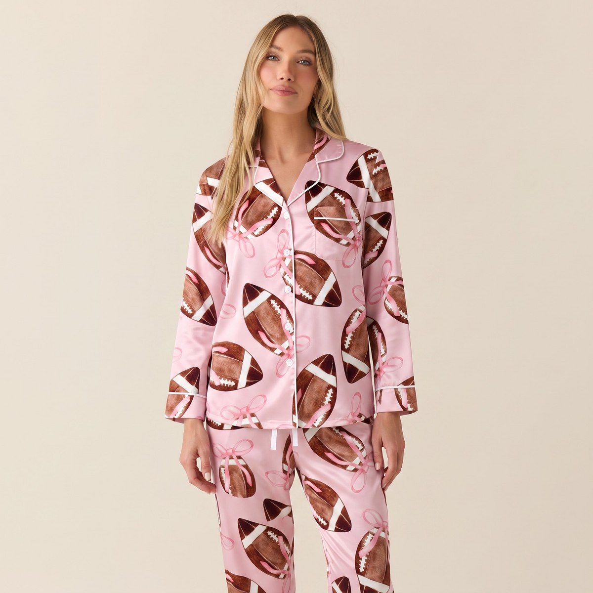 Pink Football Pajama Set, Coquette Bow Football Satin Lounge Set, Game Day Sleepwear PJS, Gift for Her Women
