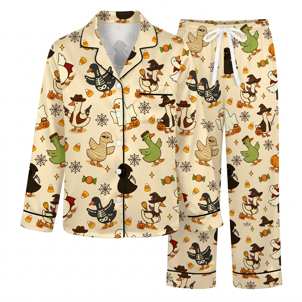 Halloween Duck Pajama Set, Cute Spooky Duck Satin Lounge Set, Funny Costume Ducks Sleepwear PJS, Halloween Gift for Her
