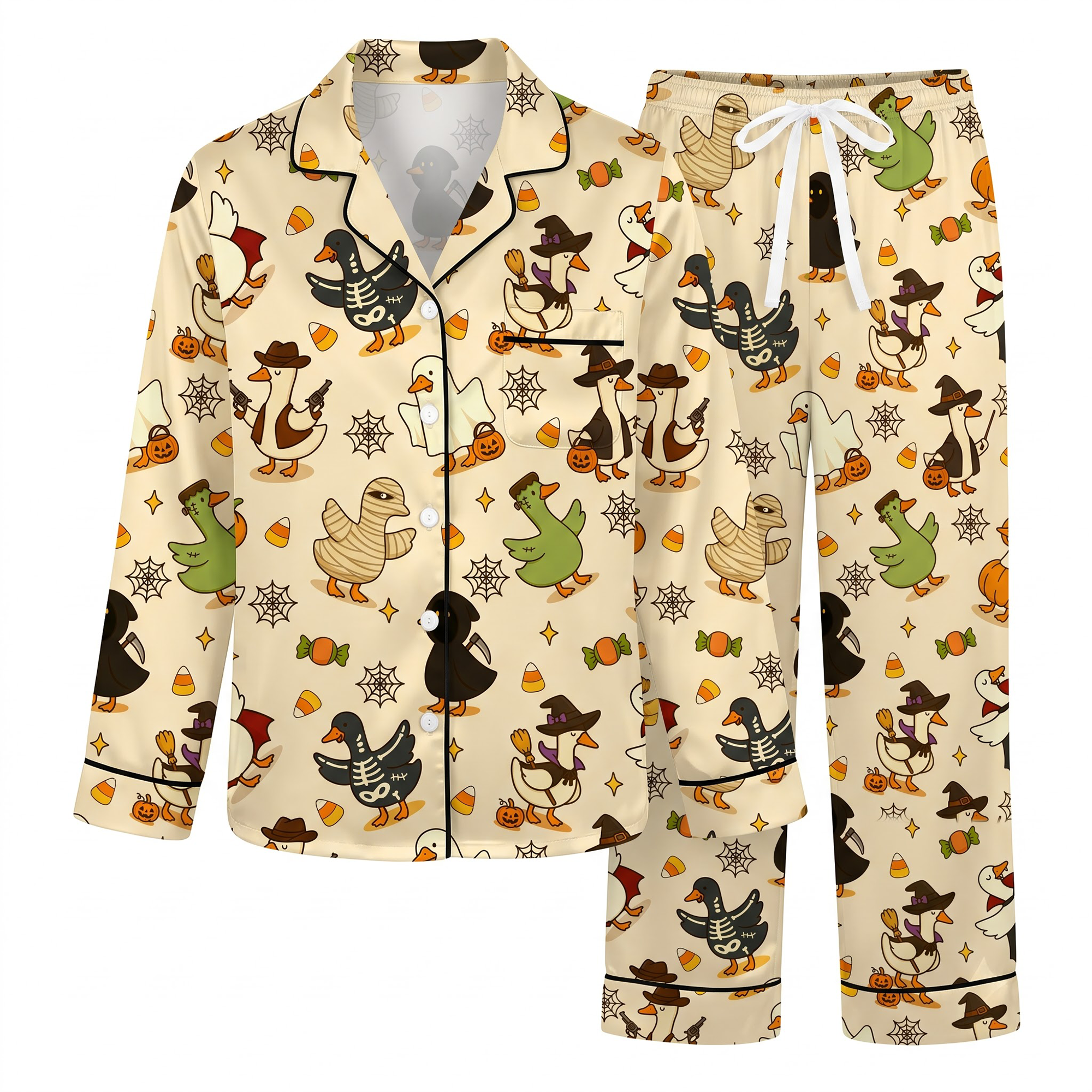 Halloween Duck Pajama Set, Cute Spooky Duck Satin Lounge Set, Funny Costume Ducks Sleepwear PJS, Halloween Gift for Her