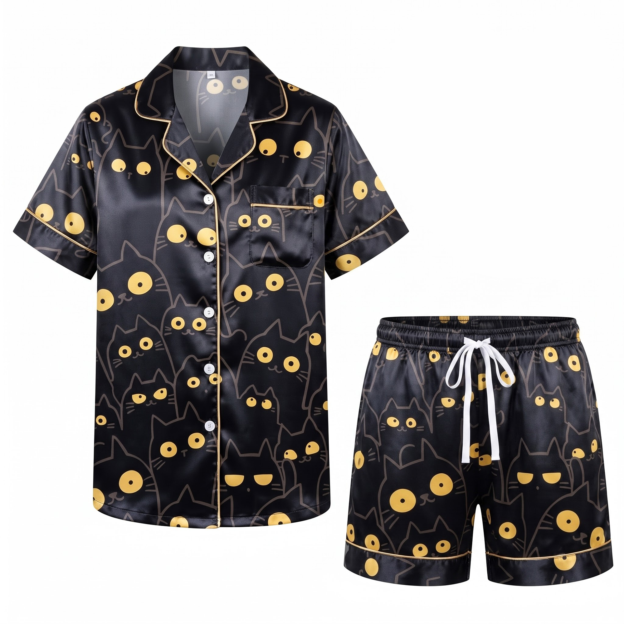 Black Cat Pajama Set, Black Satin Funny Cat Eyes Lounge Set, Cute Cat Mom Sleepwear PJS, Gift for Her Women