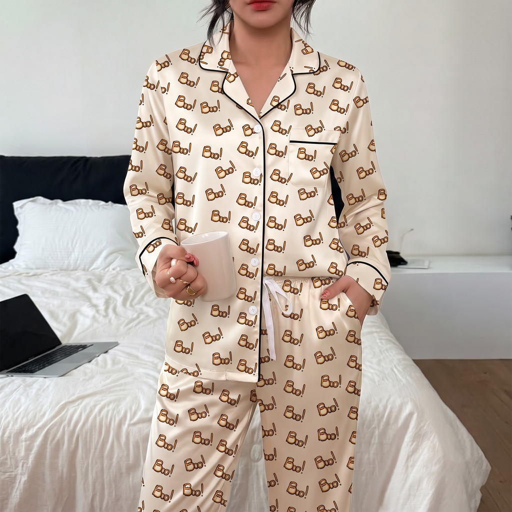 Cute Boo Halloween Satin Pajama Set, Cream Silk Long Sleeve PJs, Spooky Ghost Fall Sleepwear, Halloween Gift for Her Women