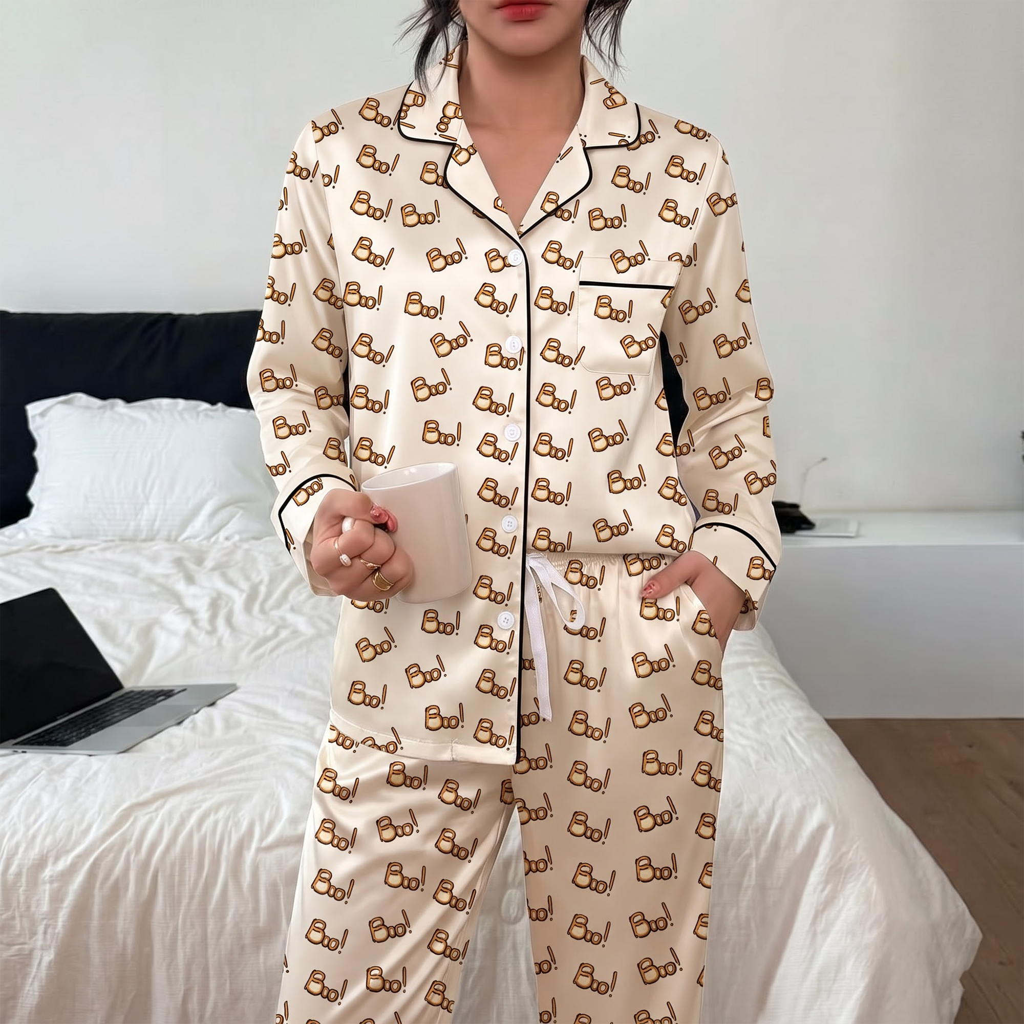 Cute Boo Halloween Satin Pajama Set, Cream Silk Long Sleeve PJs, Spooky Ghost Fall Sleepwear, Halloween Gift for Her Women
