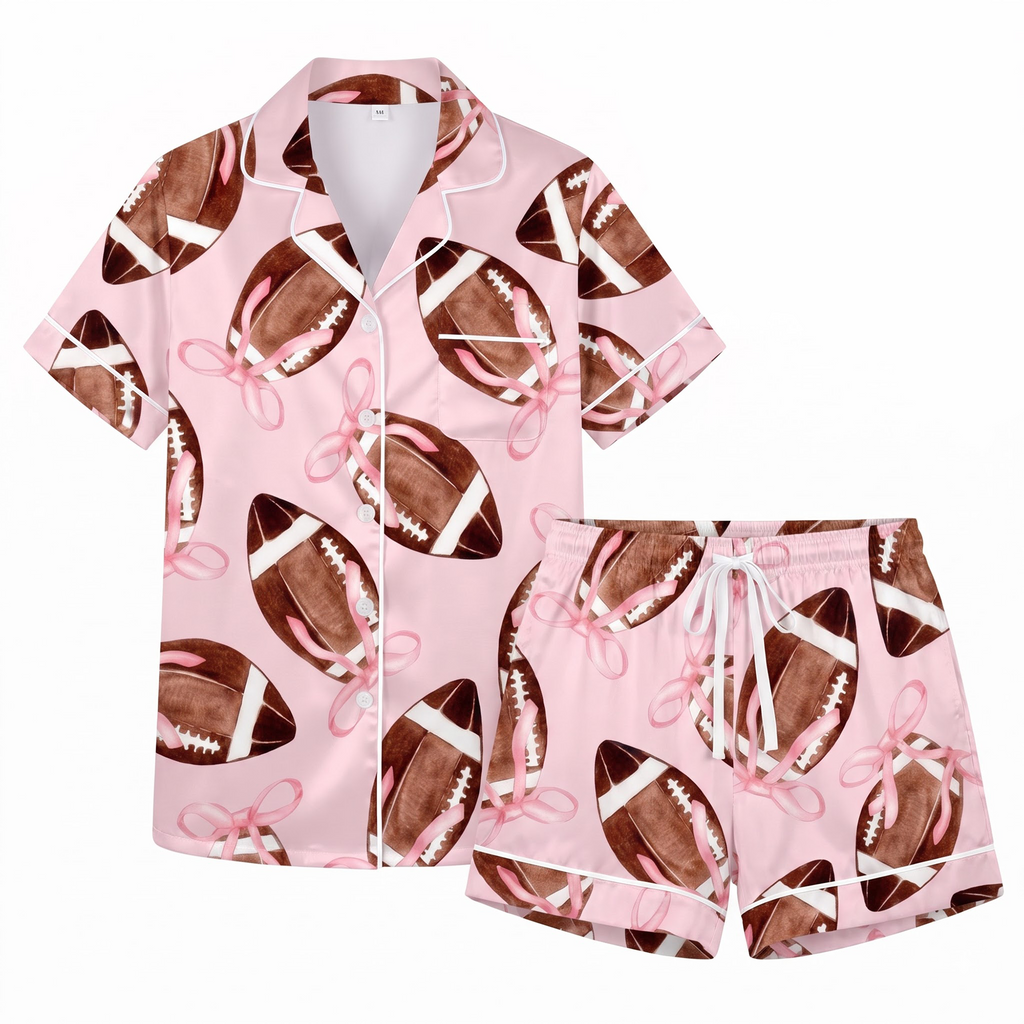 Pink Football Pajama Set, Coquette Bow Football Satin Lounge Set, Game Day Sleepwear PJS, Gift for Her Women