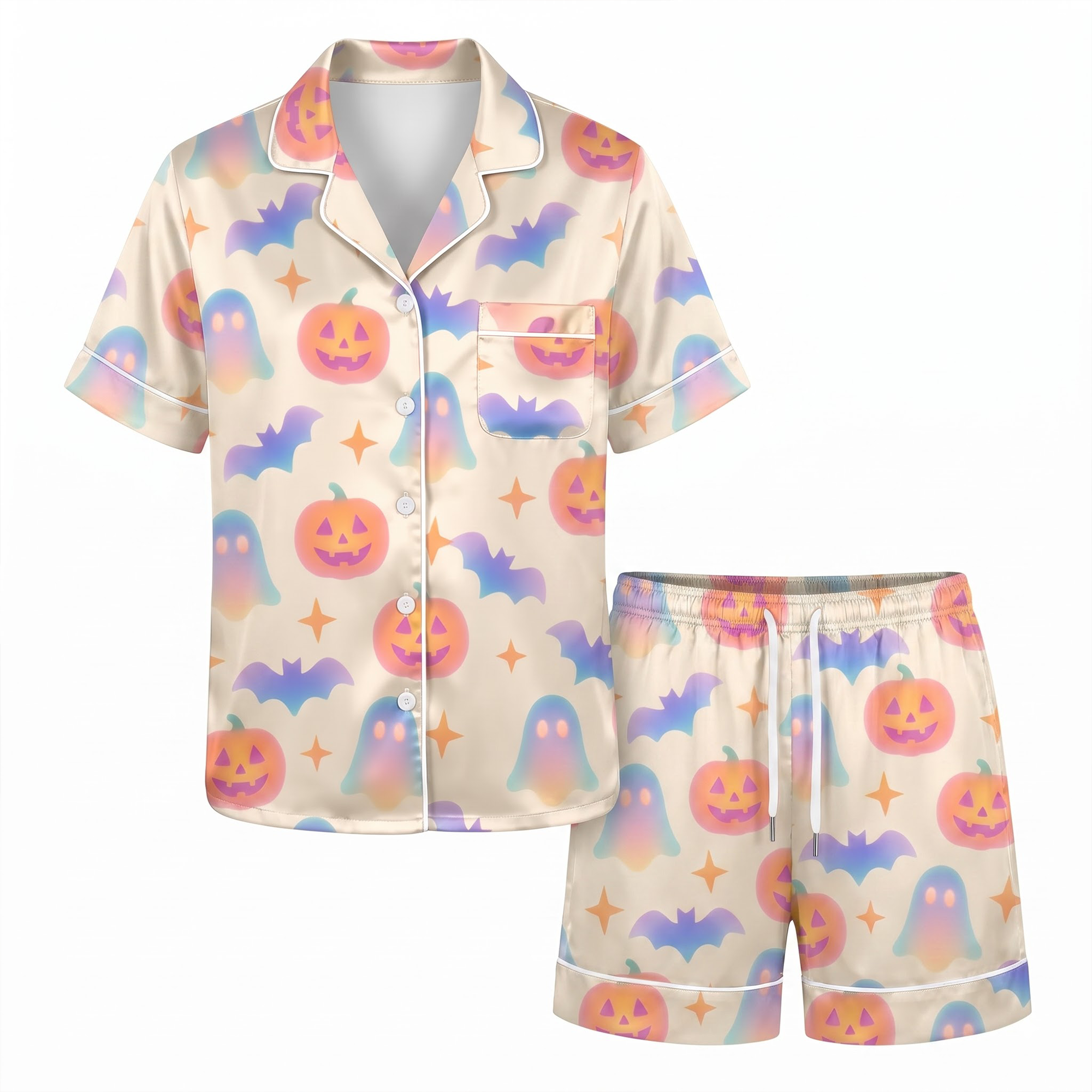 Pastel Halloween Pajama Set, Gradient Ghost Pumpkin Satin Lounge Set, Cute Spooky Sleepwear PJS, Halloween Gift for Her