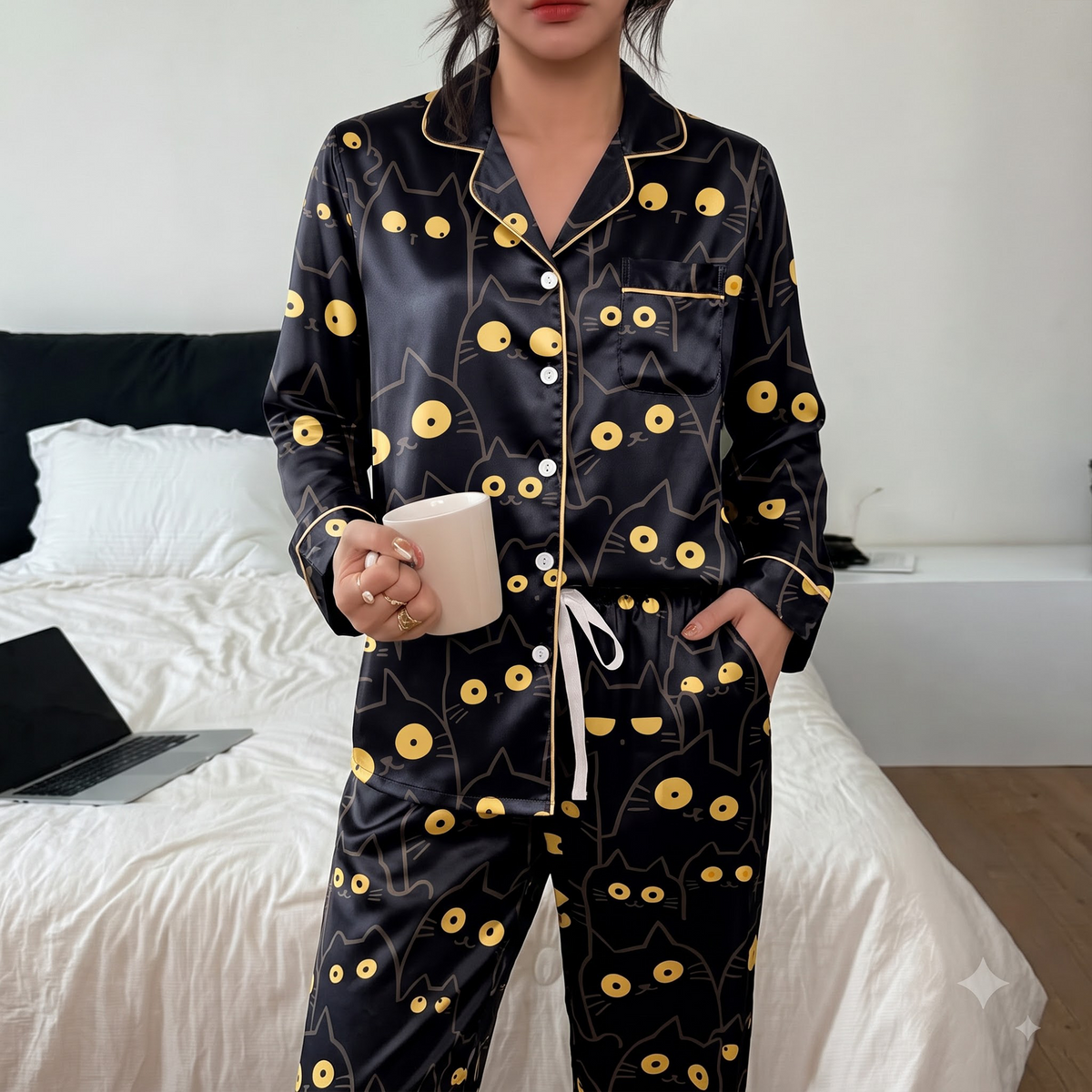 Black Cat Pajama Set, Black Satin Funny Cat Eyes Lounge Set, Cute Cat Mom Sleepwear PJS, Gift for Her Women
